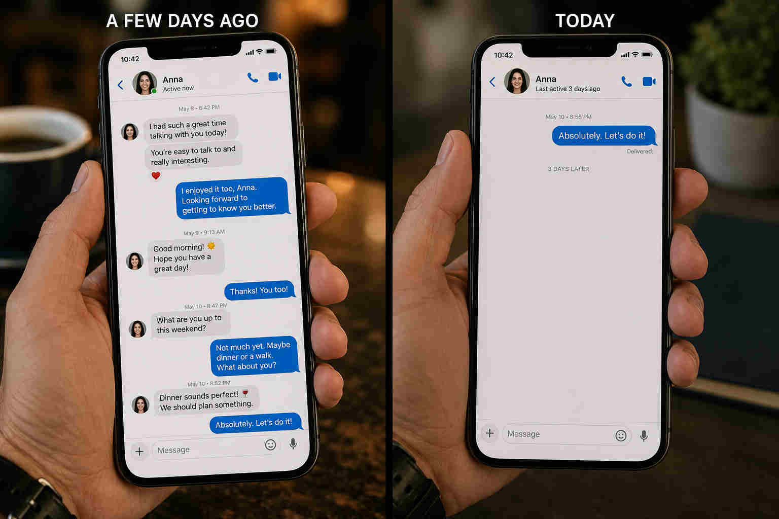 Split screen showing an active online dating conversation that suddenly goes silent after several days