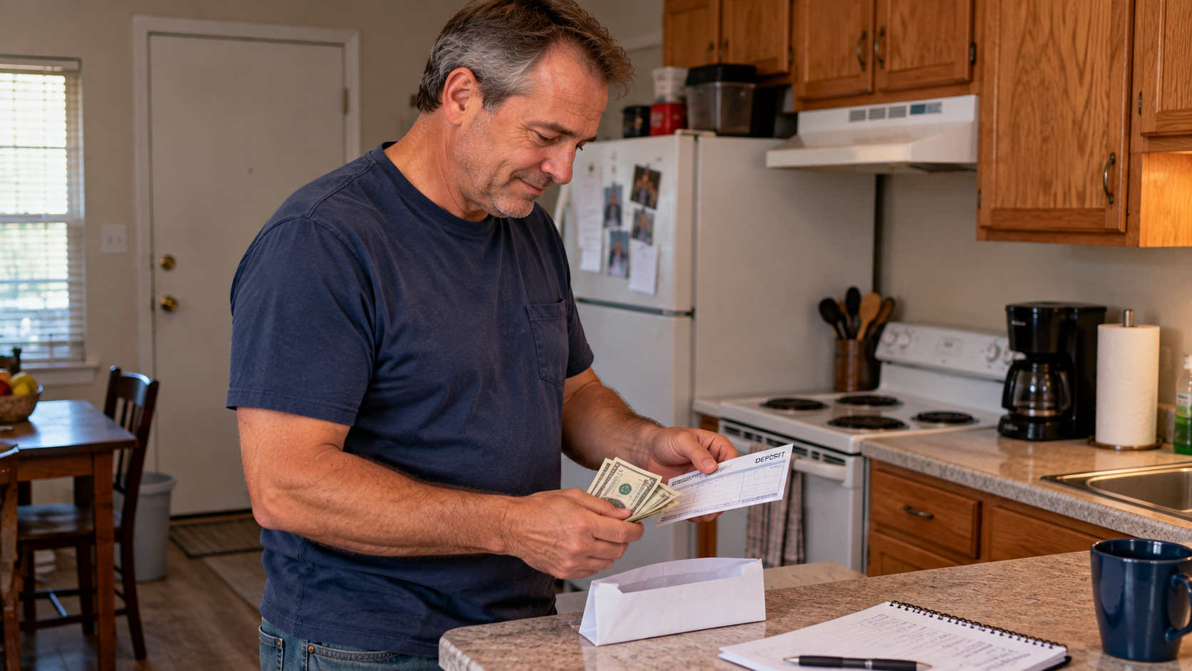 Mike putting cash into an envelope as he builds emergency savings