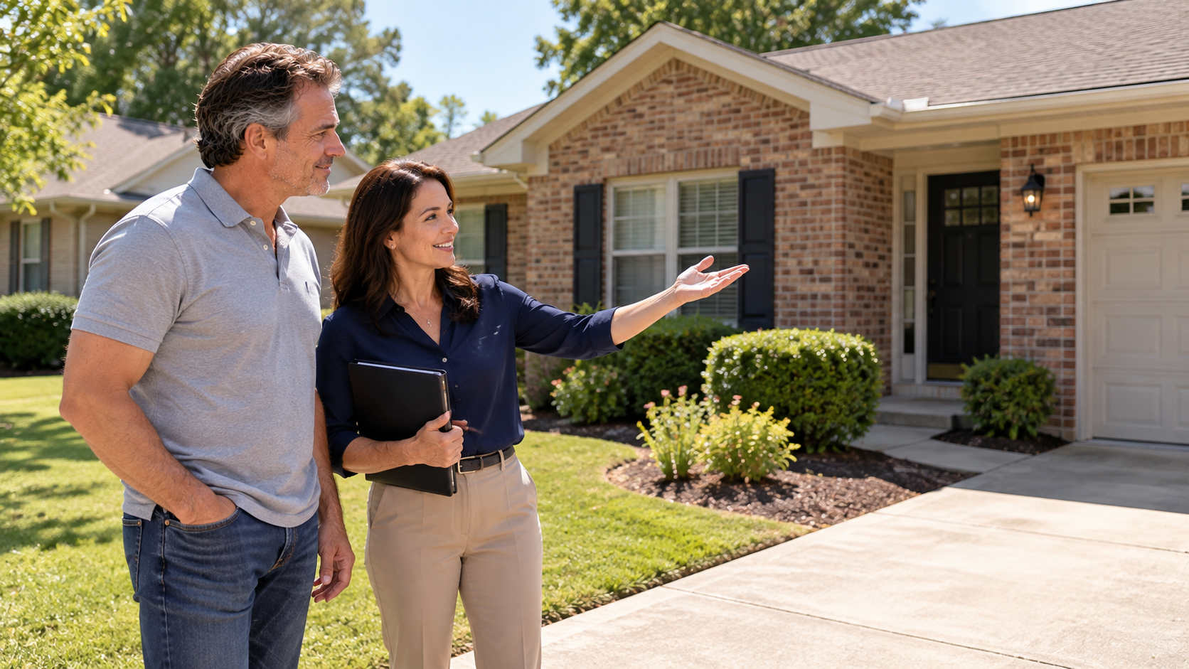 Mike and a real estate agent viewing a modest single-story brick home