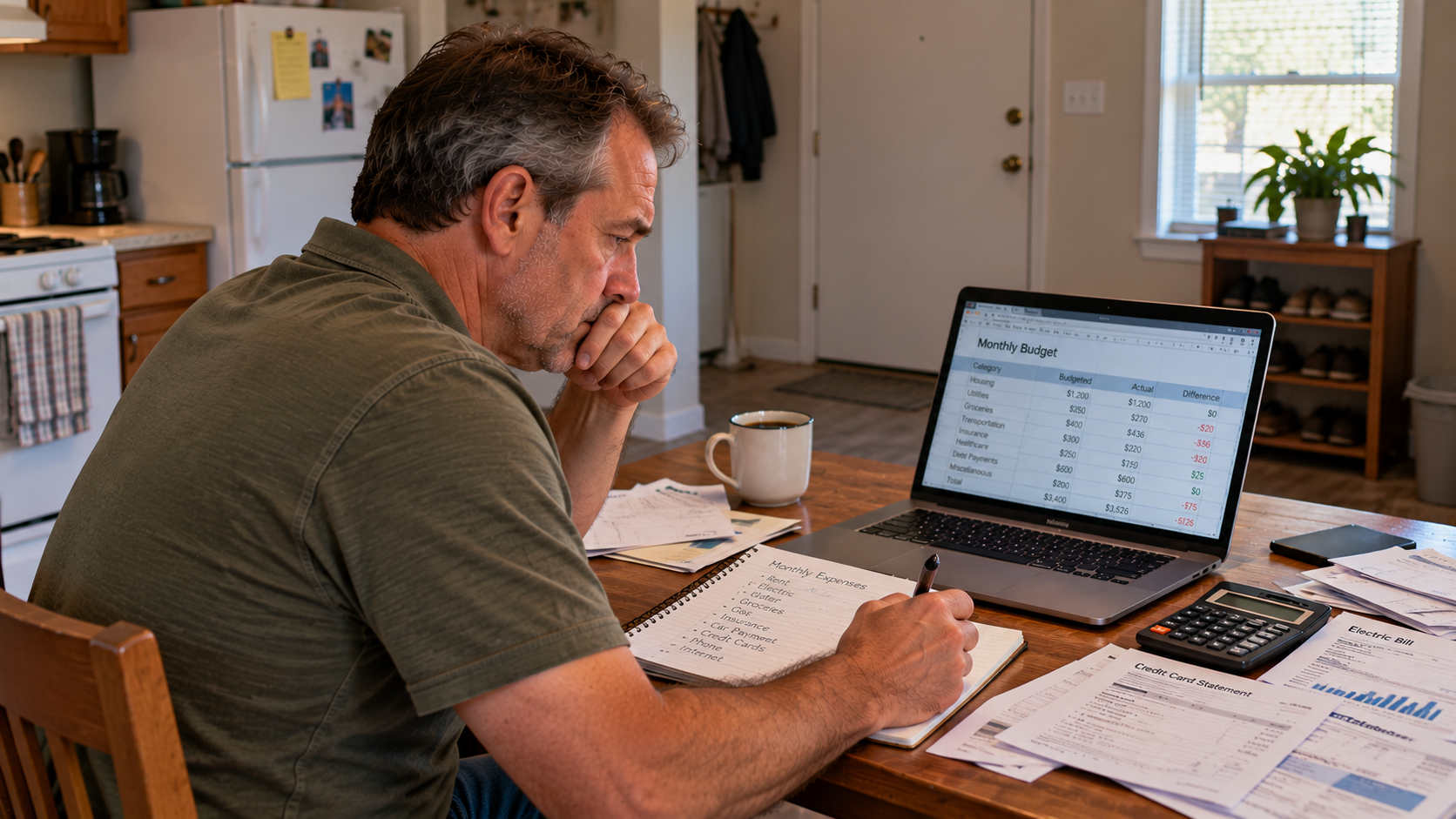 Mike reviewing his monthly budget at a kitchen table in a modest home
