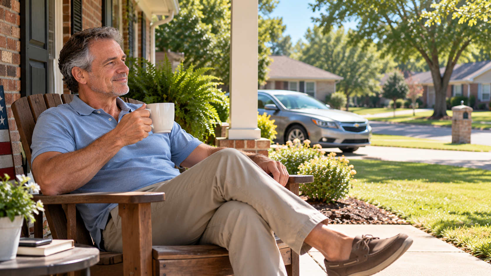 Mike at age 65 relaxing on the porch of his modest brick home