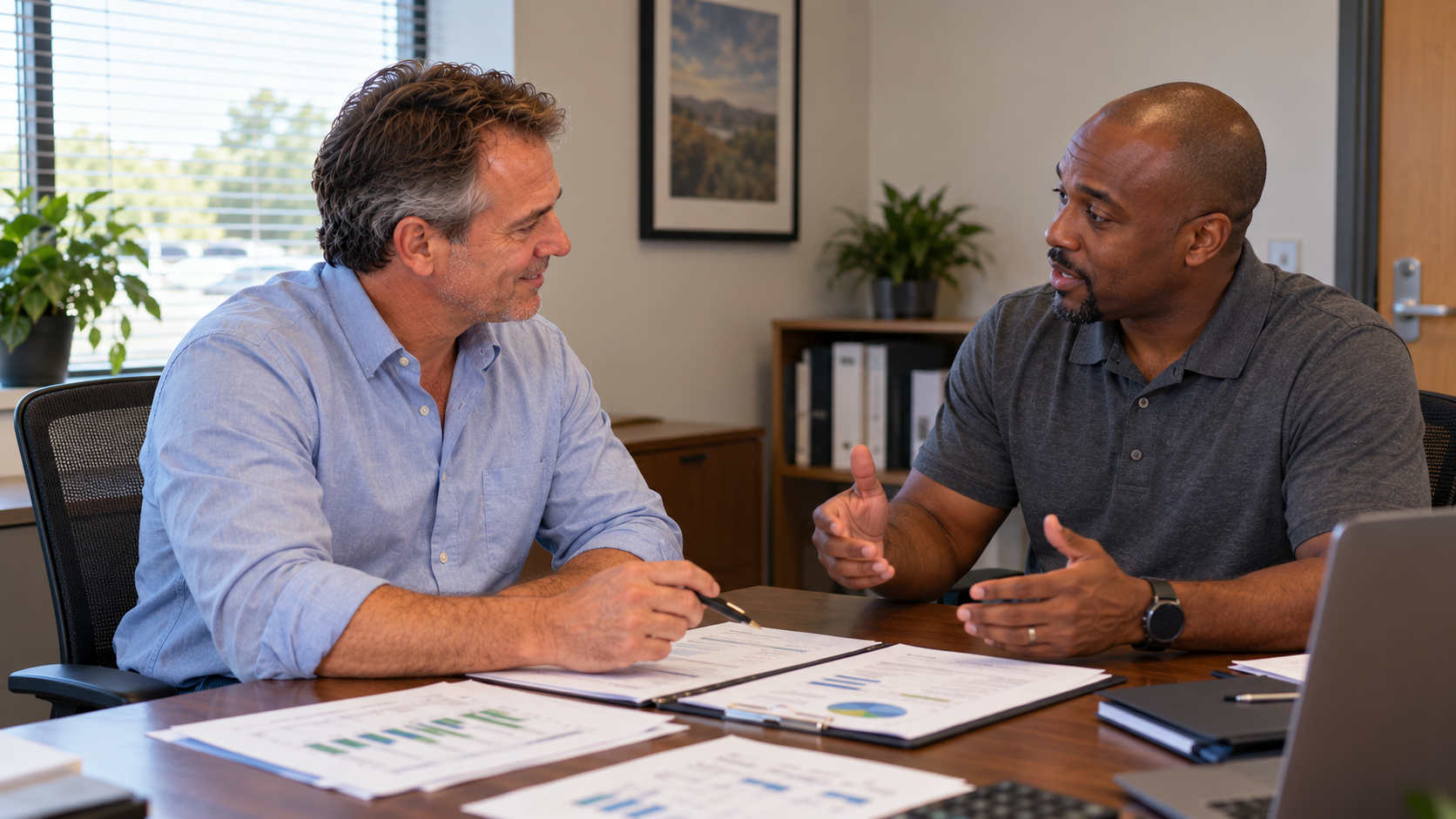 Mike discussing retirement contributions with a workplace representative