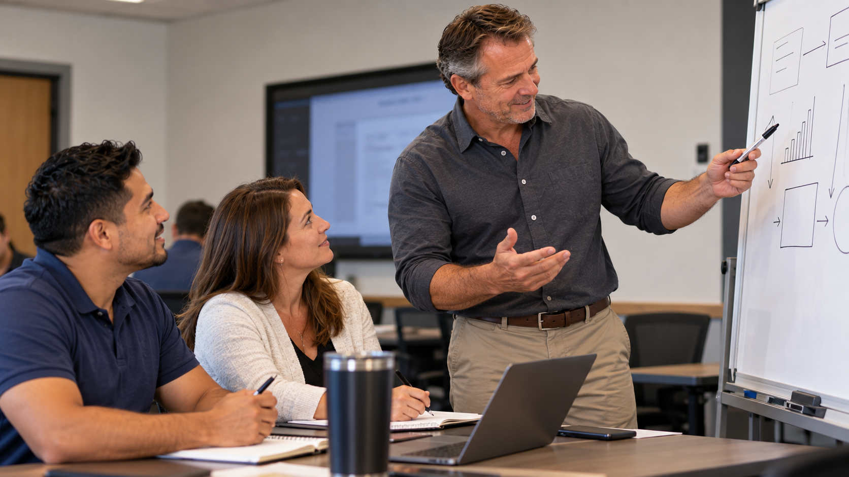 Mike leading a training discussion with coworkers in a modest office
