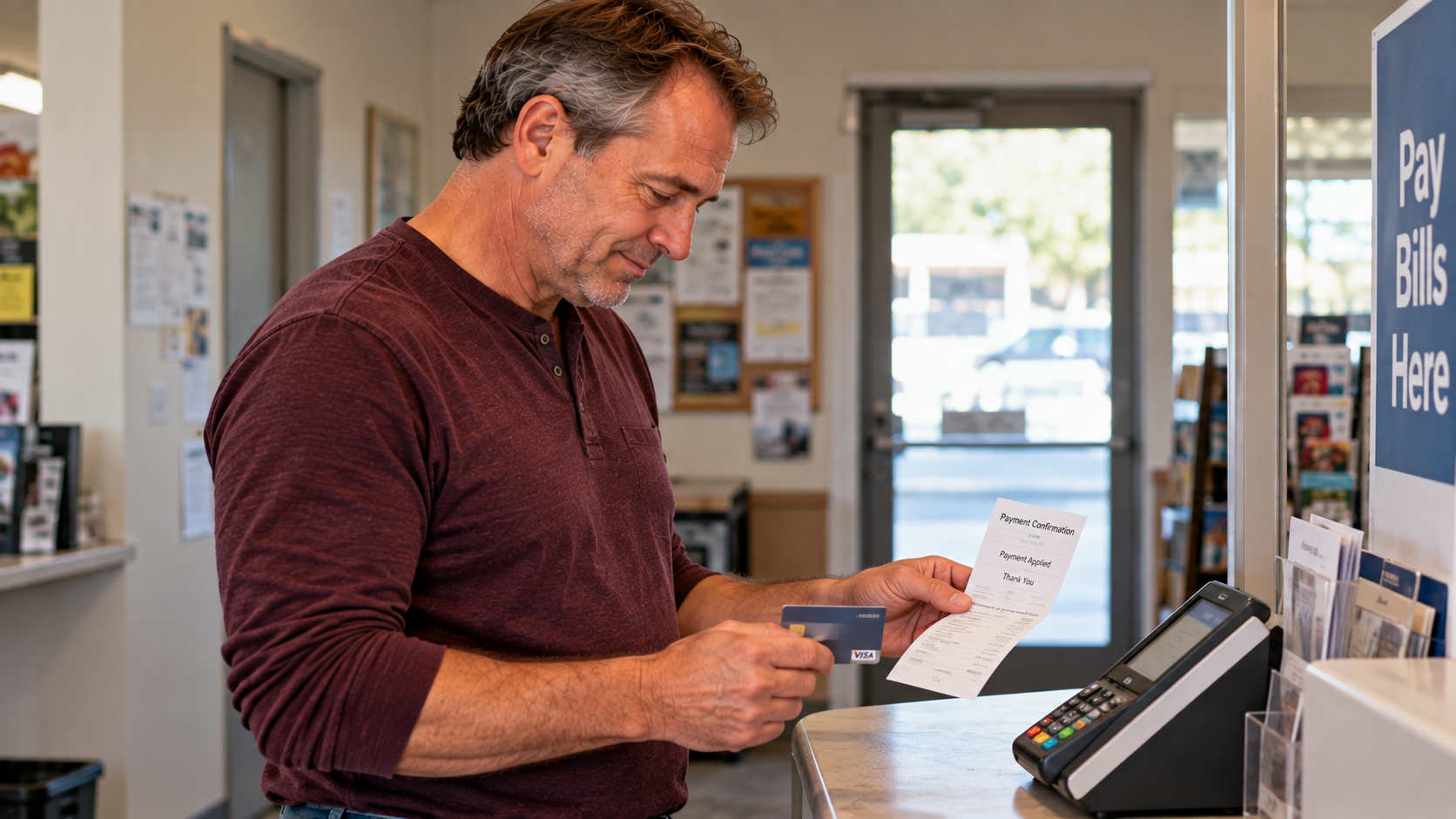 Mike paying a bill at a payment counter