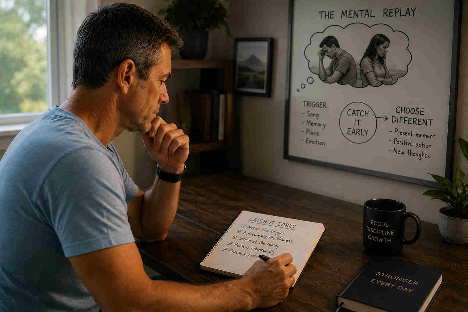 Divorced man learning to recognize mental replay triggers and interrupt the pattern early