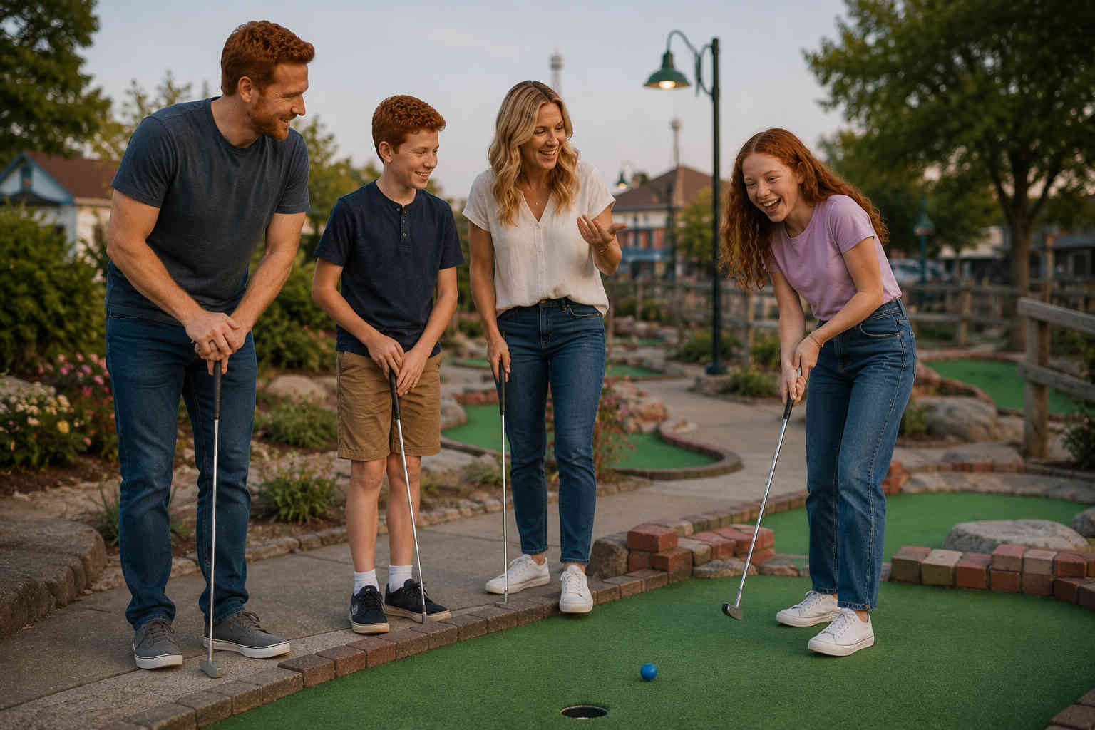 Divorced father, blonde girlfriend, red-haired son and daughter enjoying a relaxed game of miniature golf together