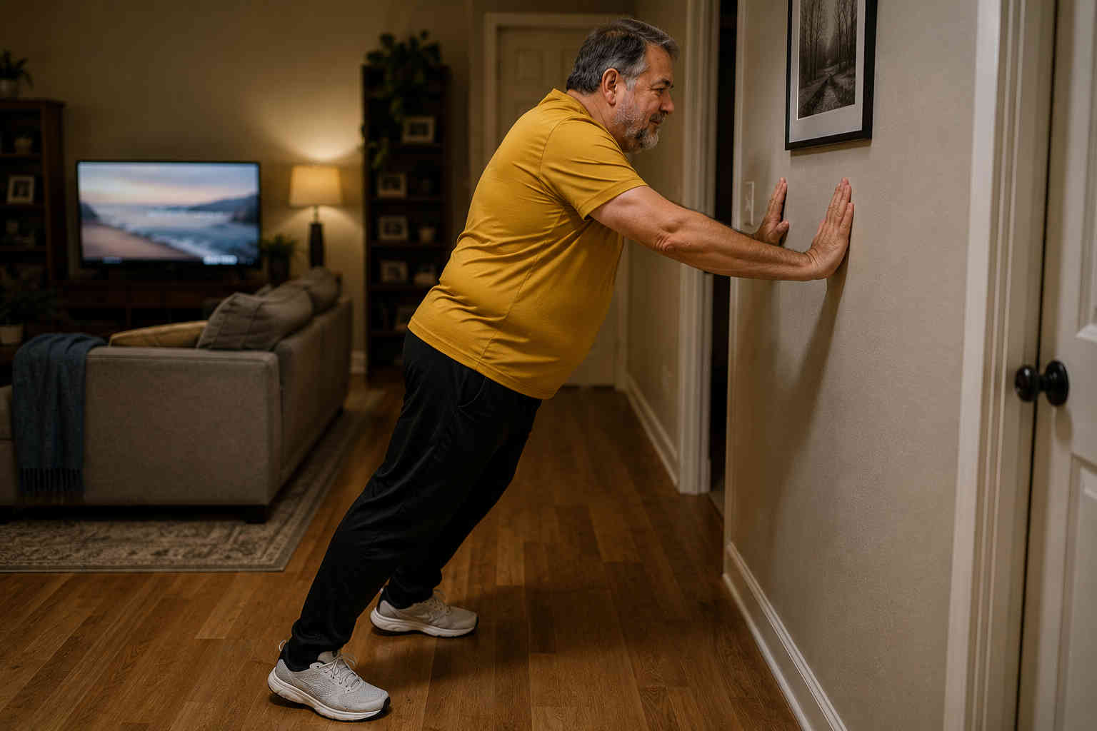 Overweight older man doing wall push-ups at home during a short minimum workout