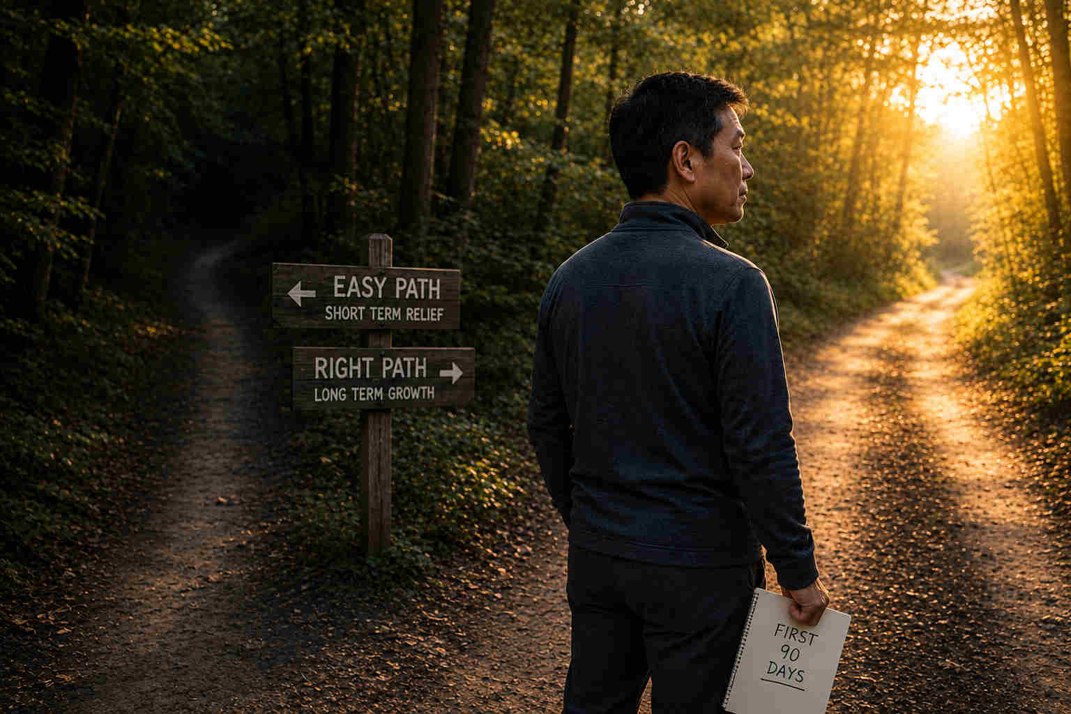 An Asian divorced man choosing between a dark easy path and a brighter path of long-term growth