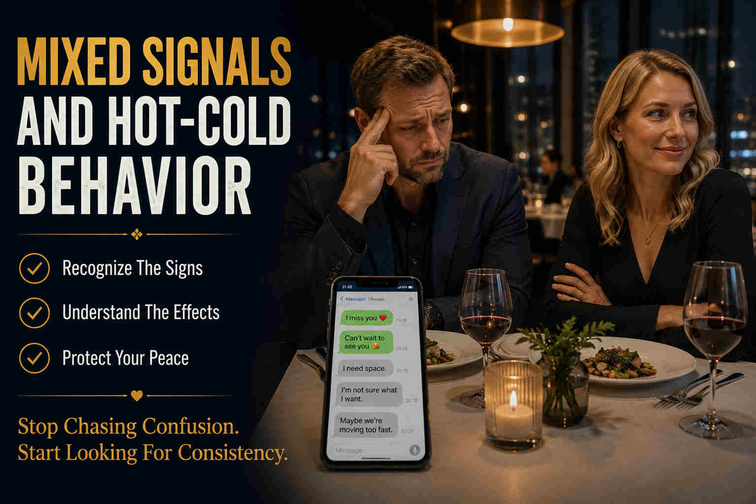 Mixed Signals And Hot-Cold Behavior hero image with a couple at a restaurant and confusing text messages
