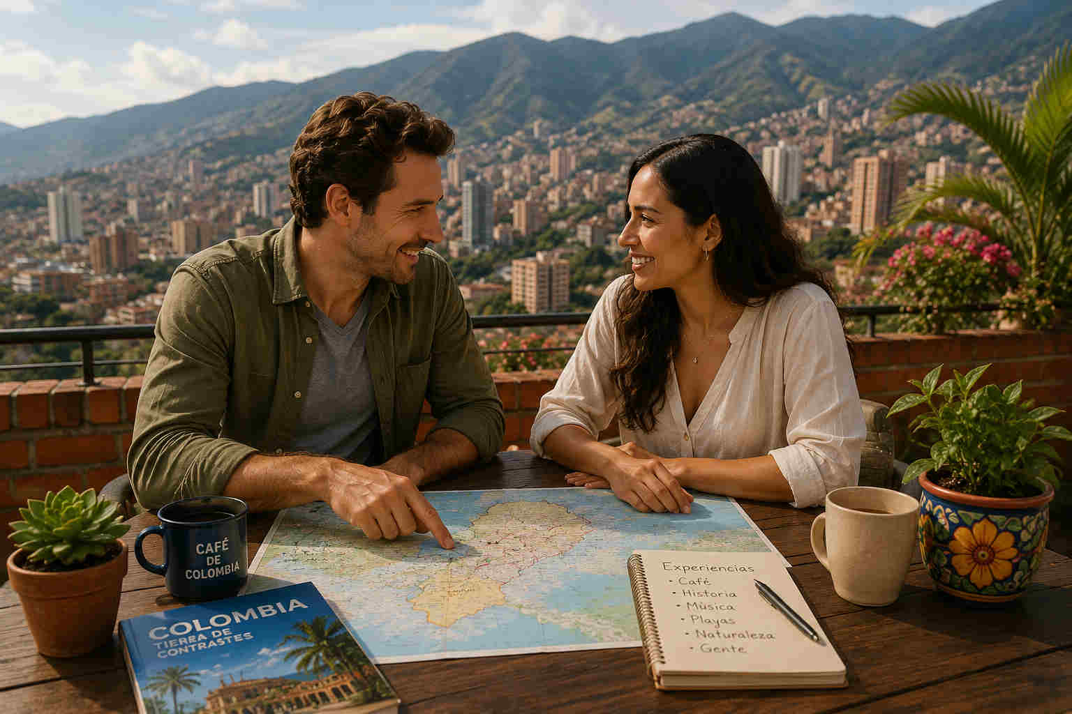 A divorced American man and a Colombian woman plan meaningful experiences on a rooftop terrace overlooking Medellín