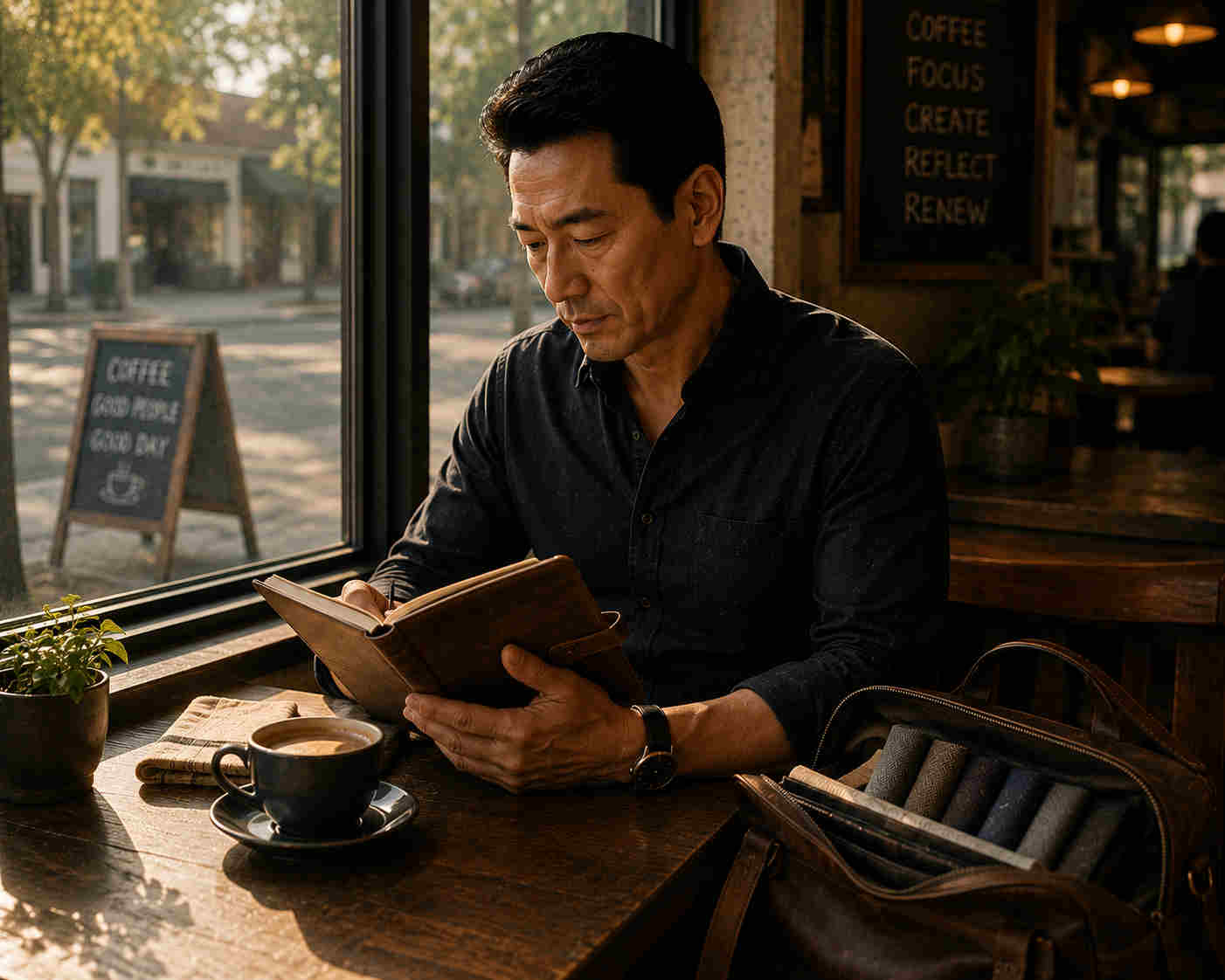 Asian man reviewing a leather journal over coffee in a neighborhood cafe with fabric samples in his satchel