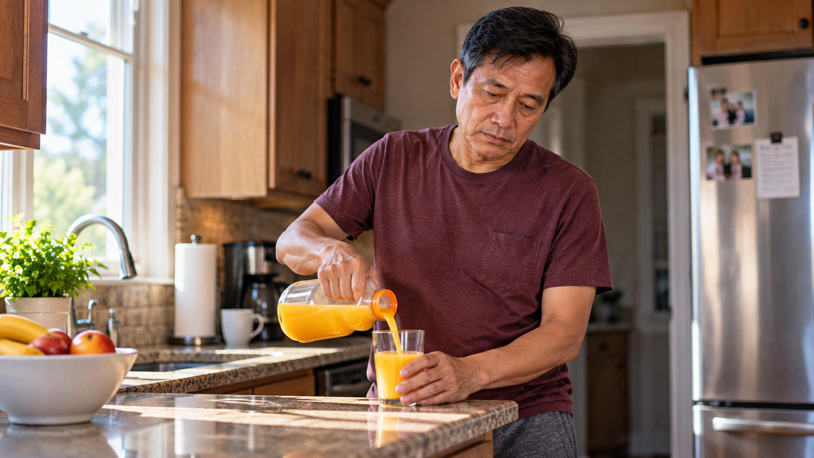Man over 50 feeling tired while pouring orange juice in his kitchen