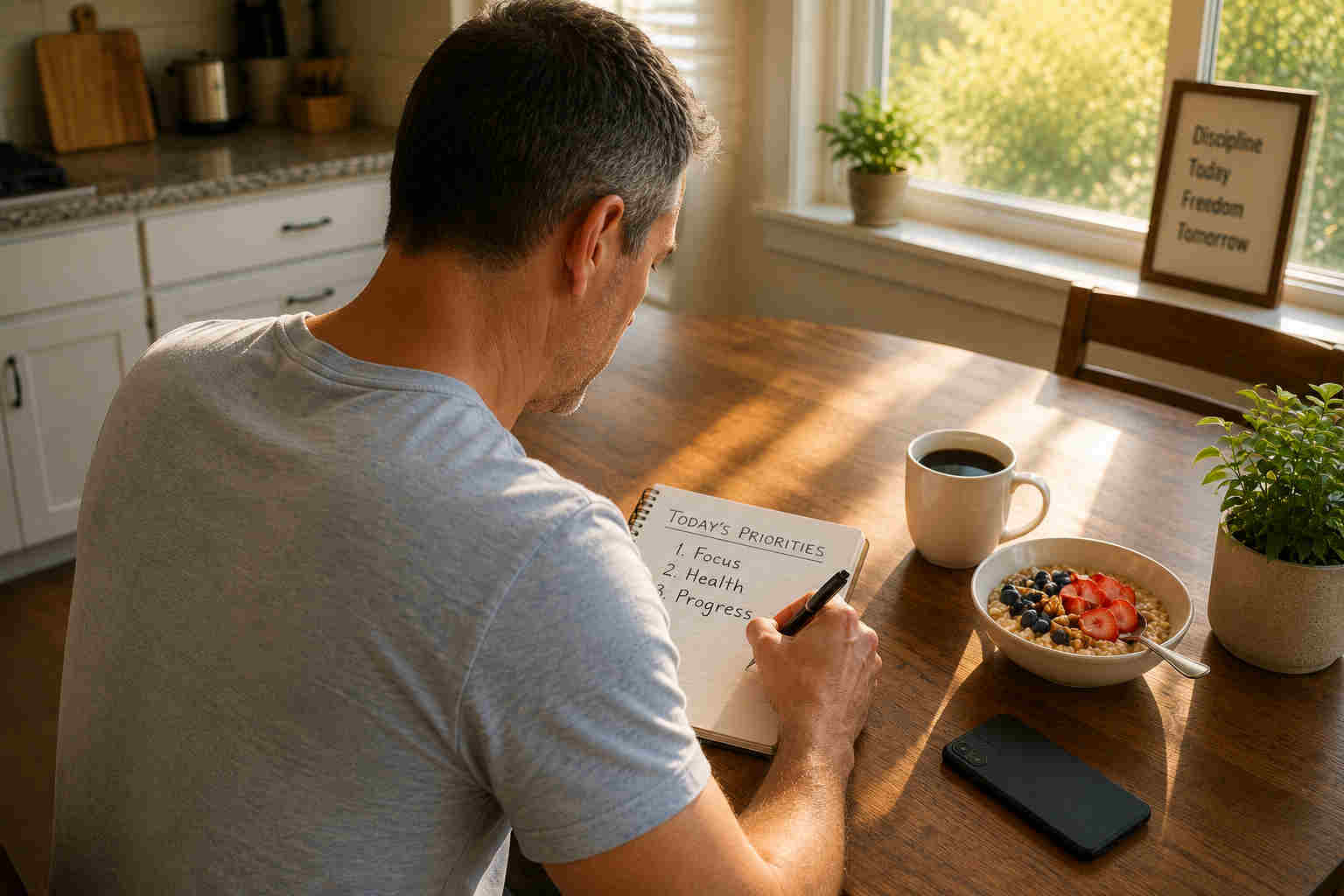 Man writing three priorities in a notebook as part of his morning routine after divorce