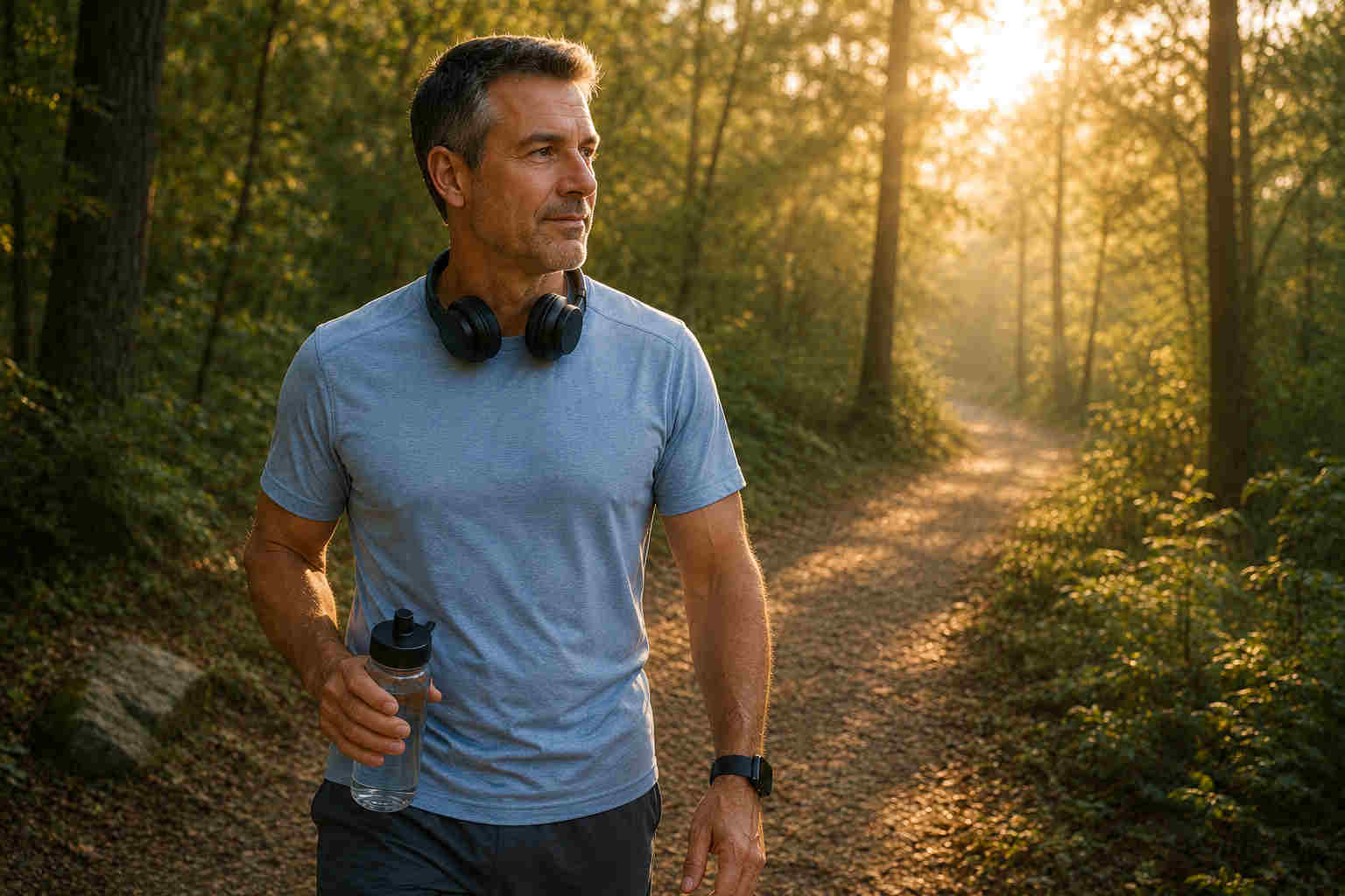 Man walking on a wooded trail at sunrise for mental recovery after divorce