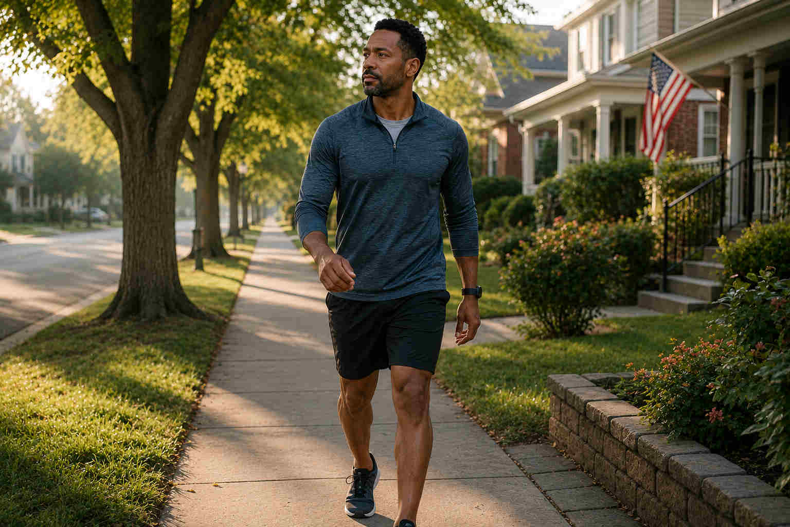 A confident man walking briskly through a quiet tree-lined neighborhood