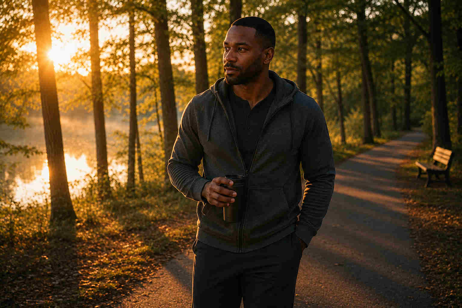 Divorced man walking calmly through a wooded park while healing from anger after divorce