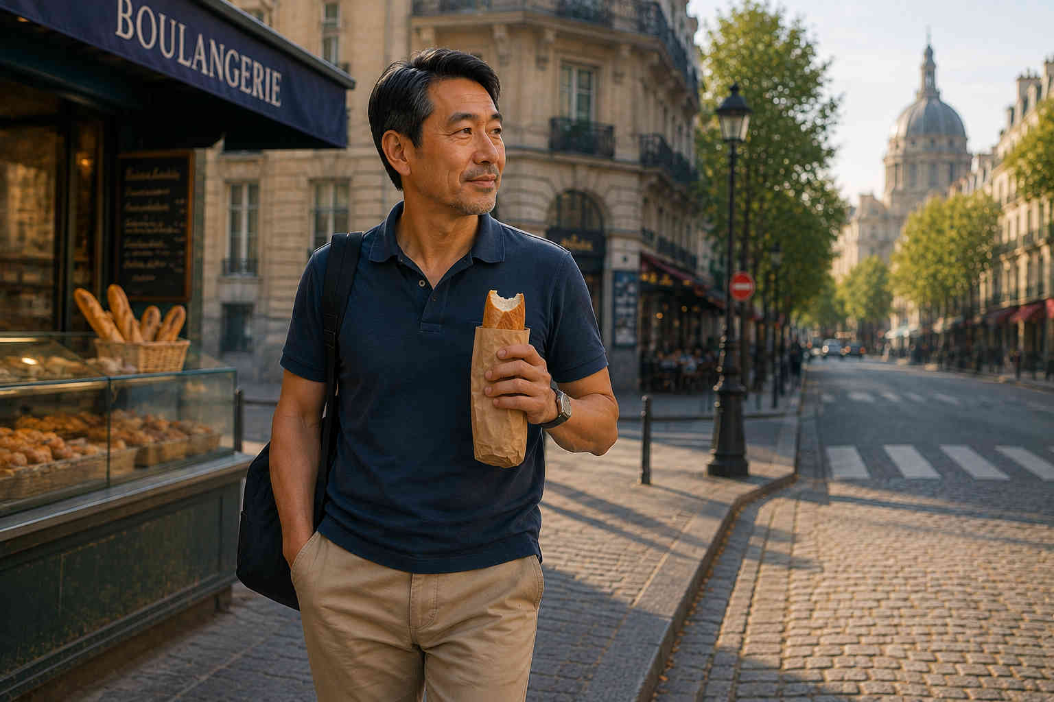 Solo traveler walking through a European city in the morning while carrying a partly eaten fresh baguette from a bakery