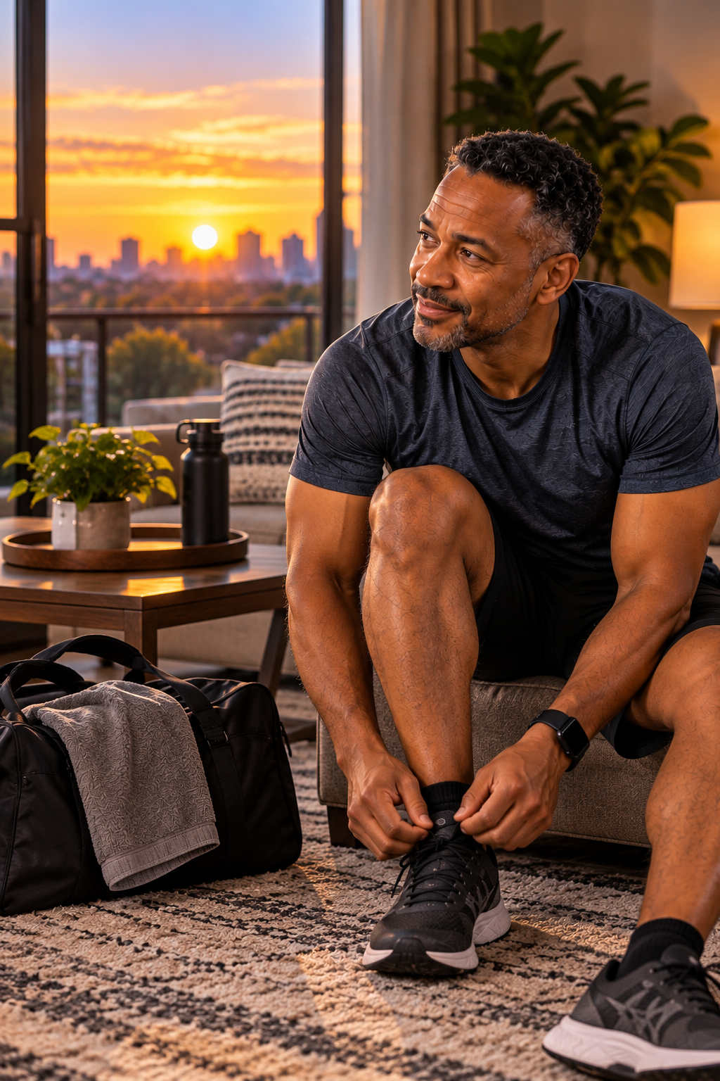 African American man preparing for a workout in his living room in the morning