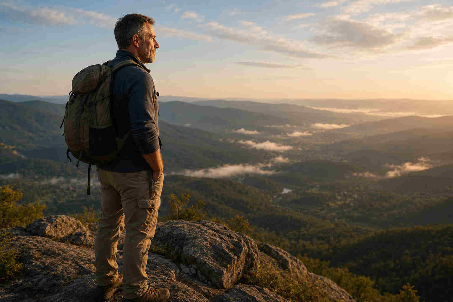 Man quietly appreciating an expansive mountain view after a hike as a symbol of progress over approval