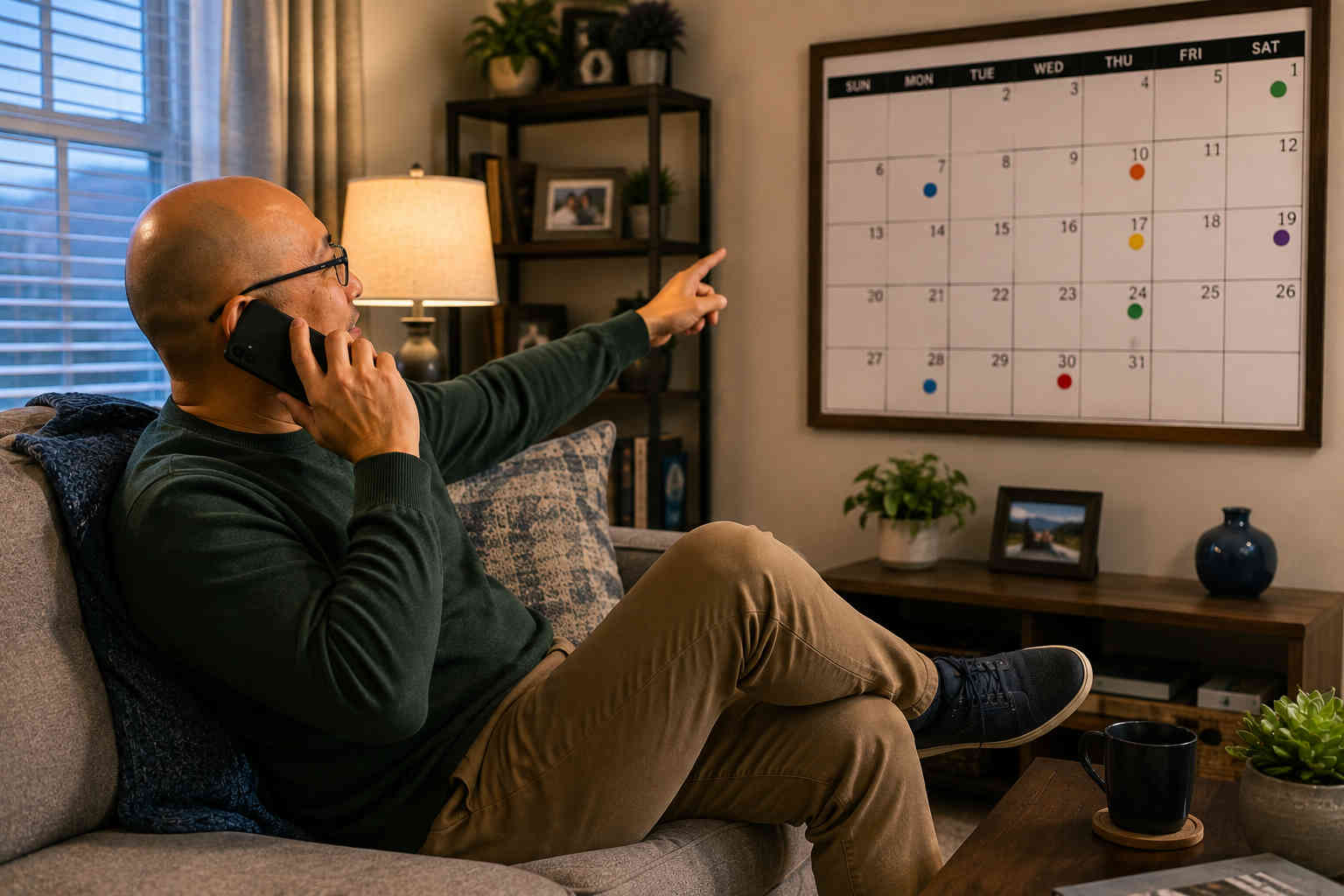 Bald Asian man with glasses calling a service provider while pointing to a wall calendar to move a bill due date