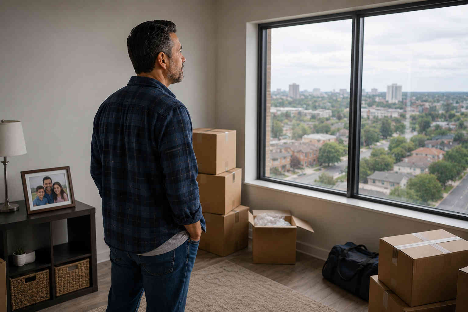 Divorced father standing in a newly moved apartment while looking out toward an unfamiliar neighborhood