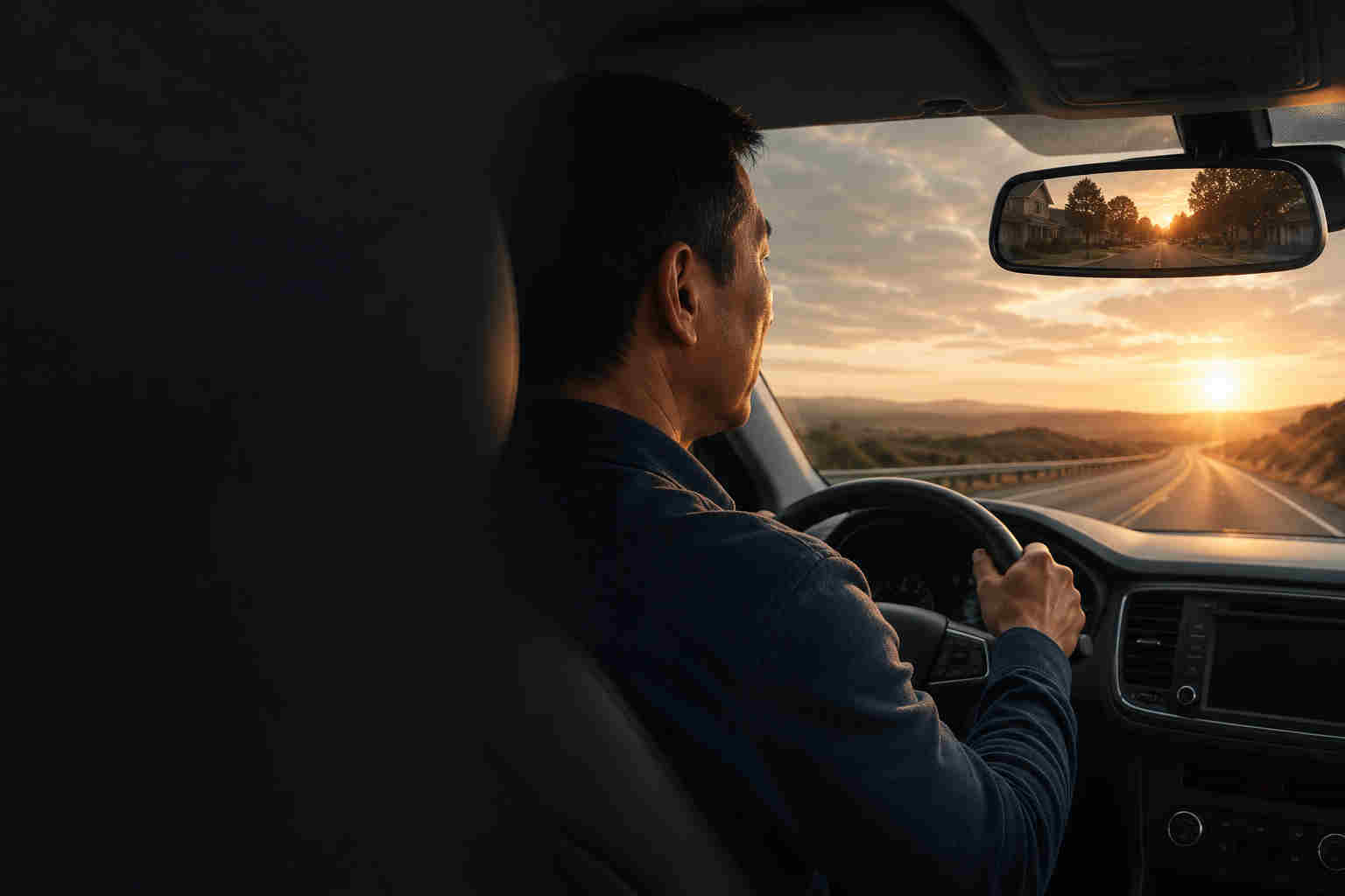 Asian divorced man driving toward a new future while the past appears in his rearview mirror