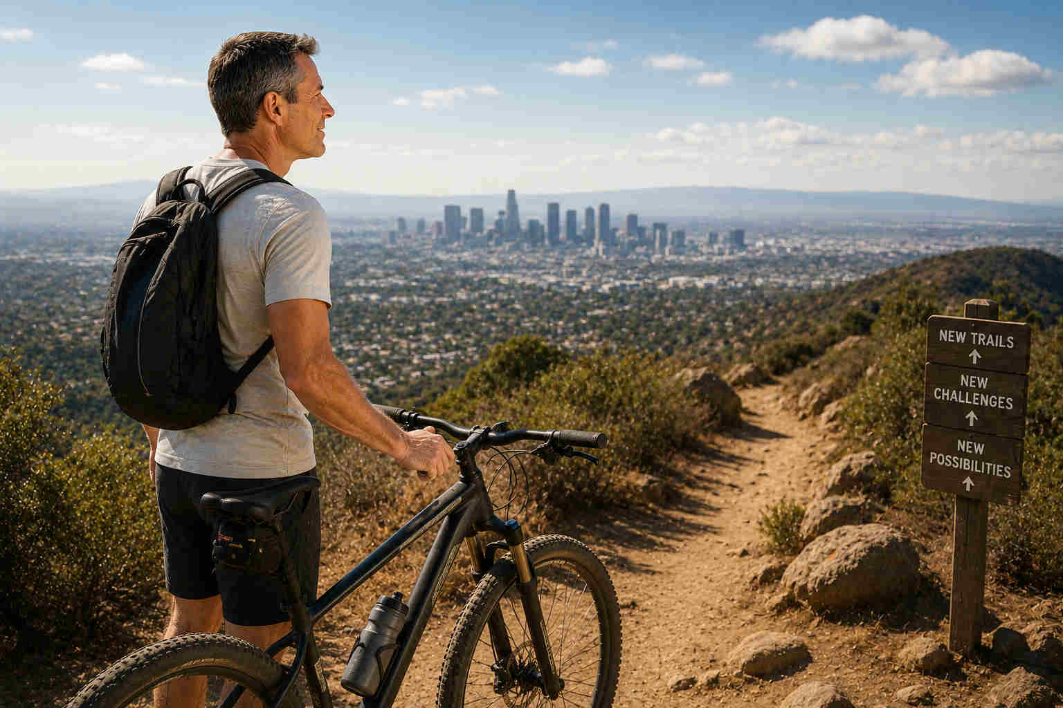 Confident divorced man with a mountain bike looking over a city and toward a trail of new possibilities
