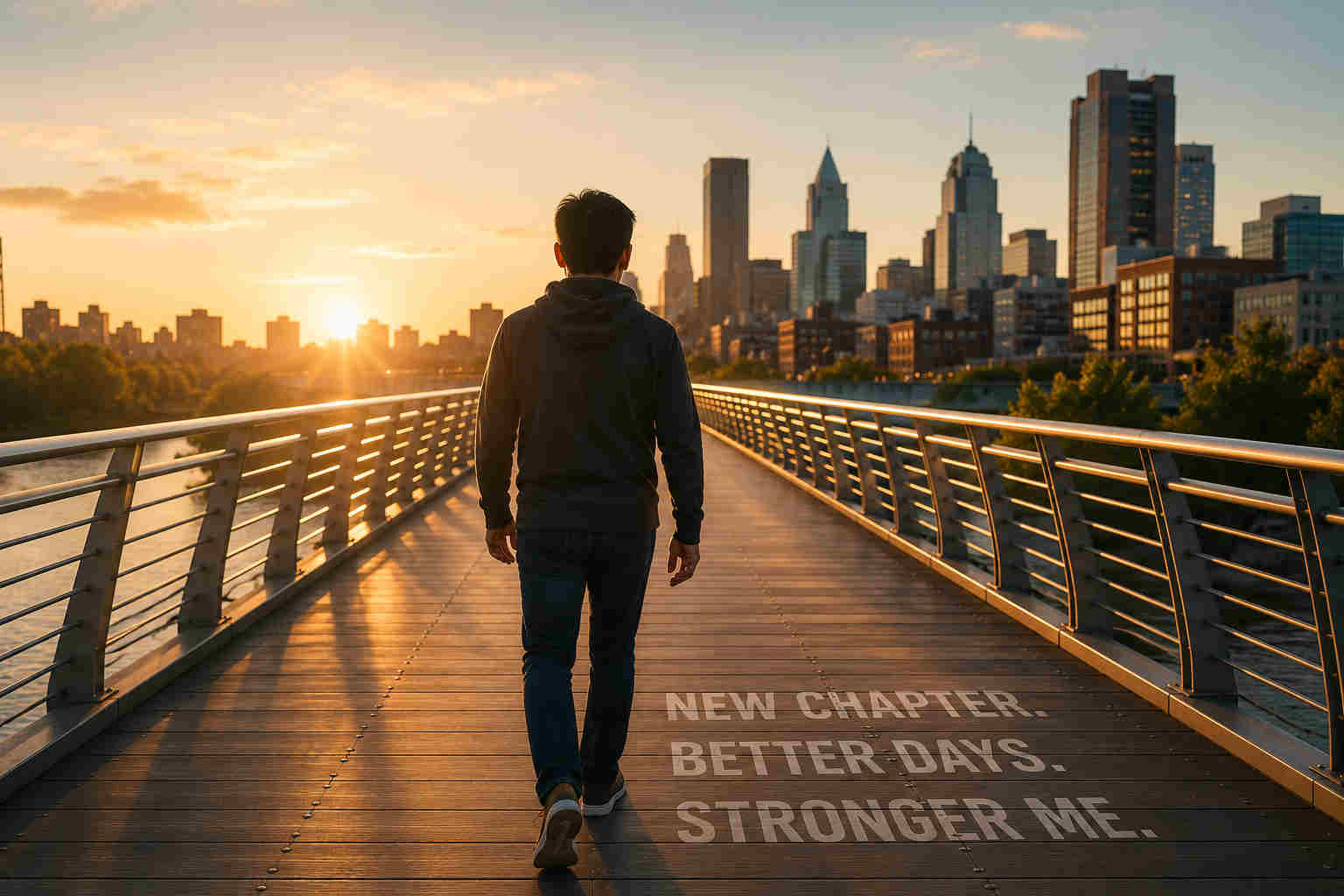 Divorced man walking confidently toward a city skyline at sunrise