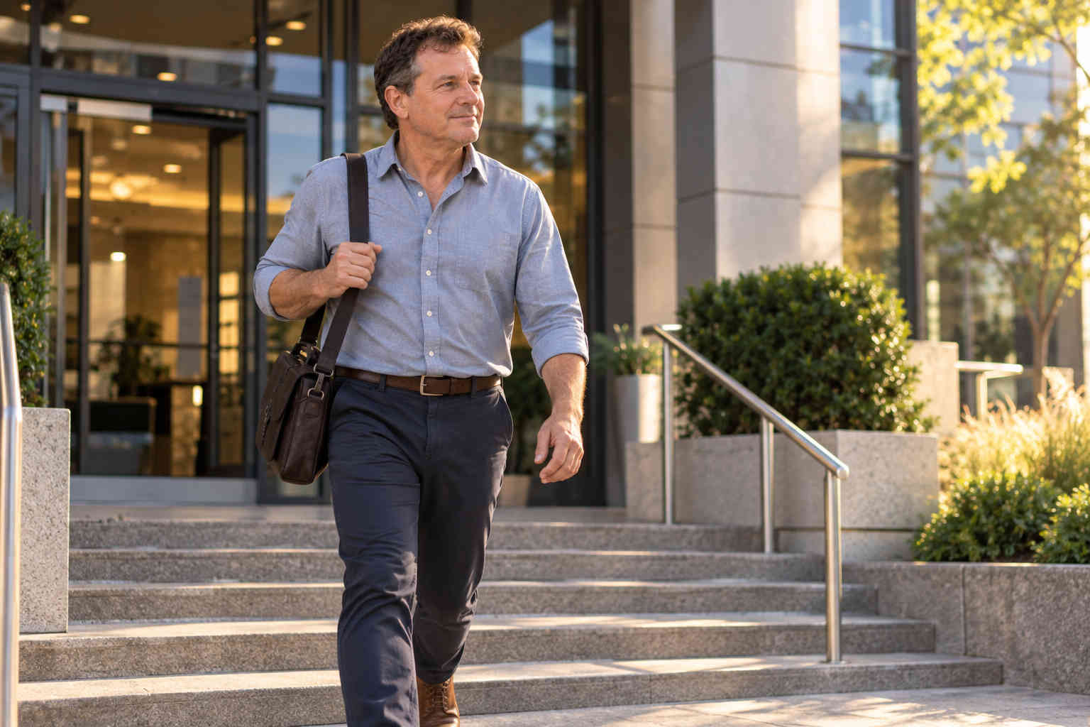 Man leaving a modern office building and moving forward toward a new career direction after divorce