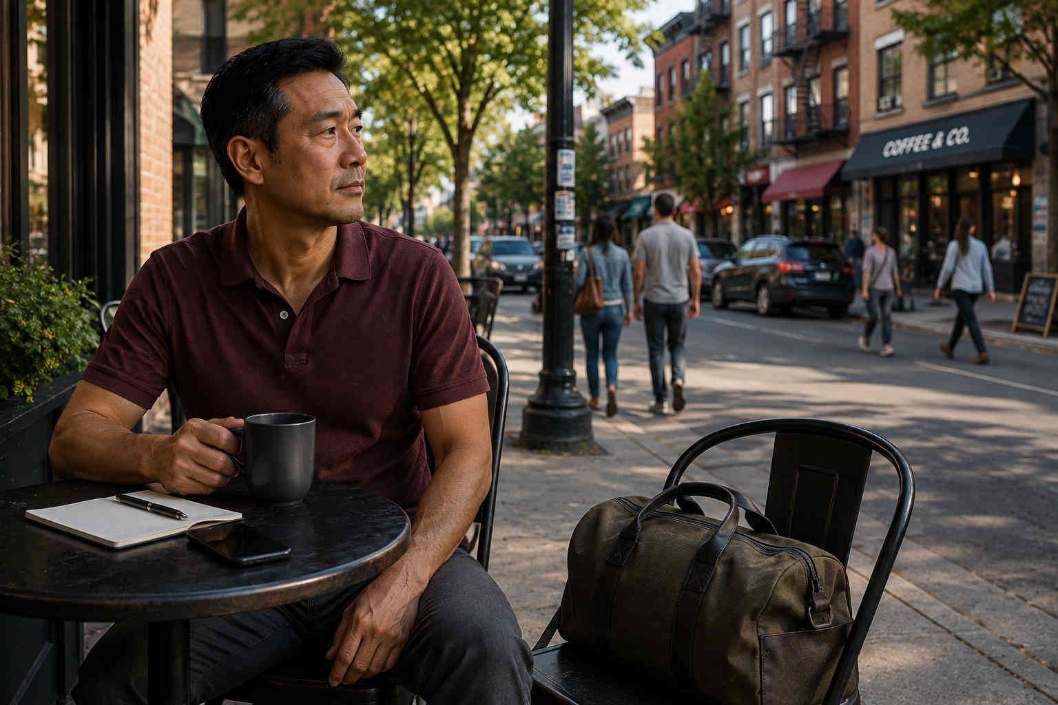 Divorced man sitting at an outdoor cafe with a travel bag nearby while considering whether to leave his current city