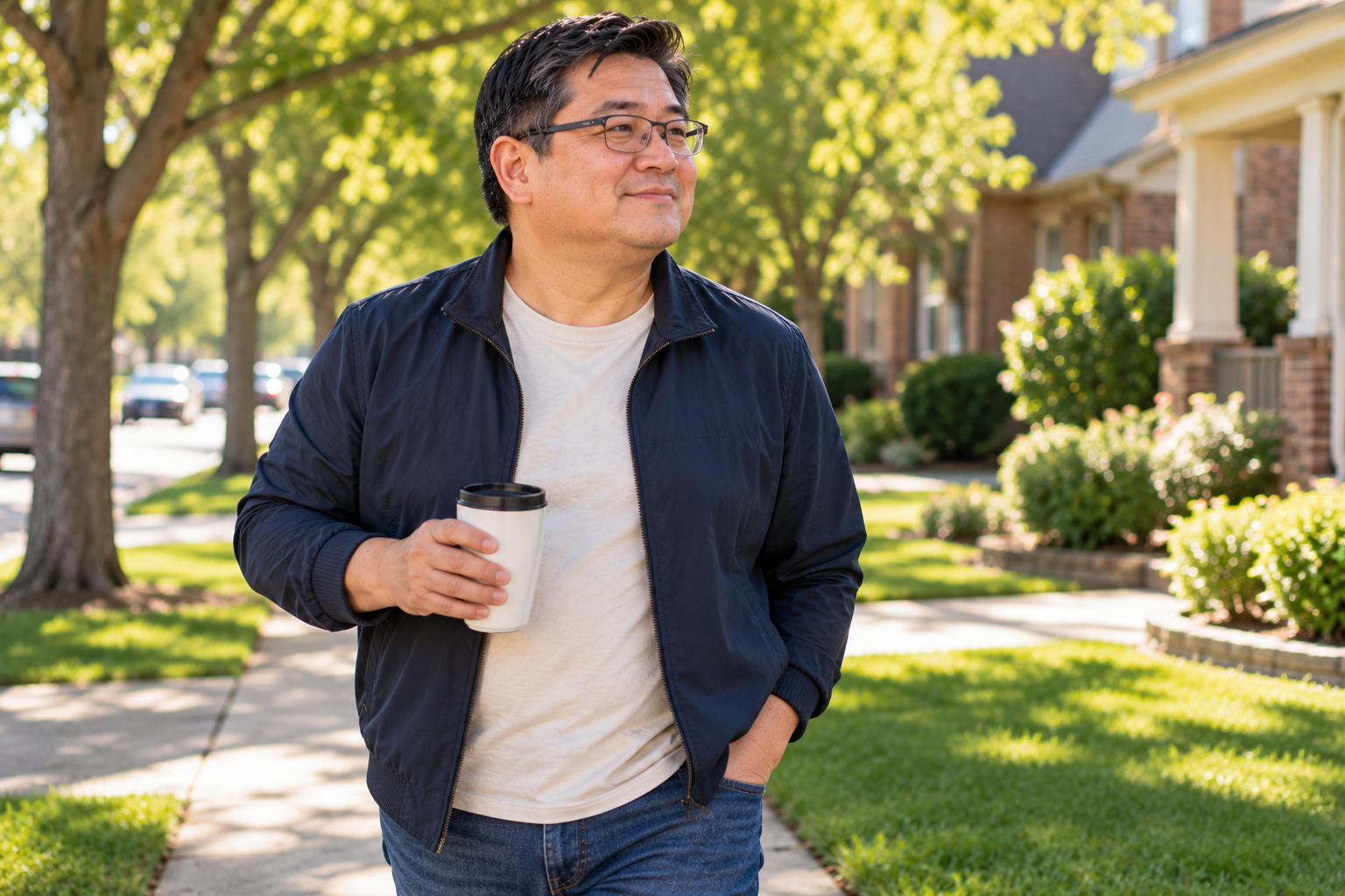 Man walking through his neighborhood with a relaxed and optimistic expression after making a financial plan