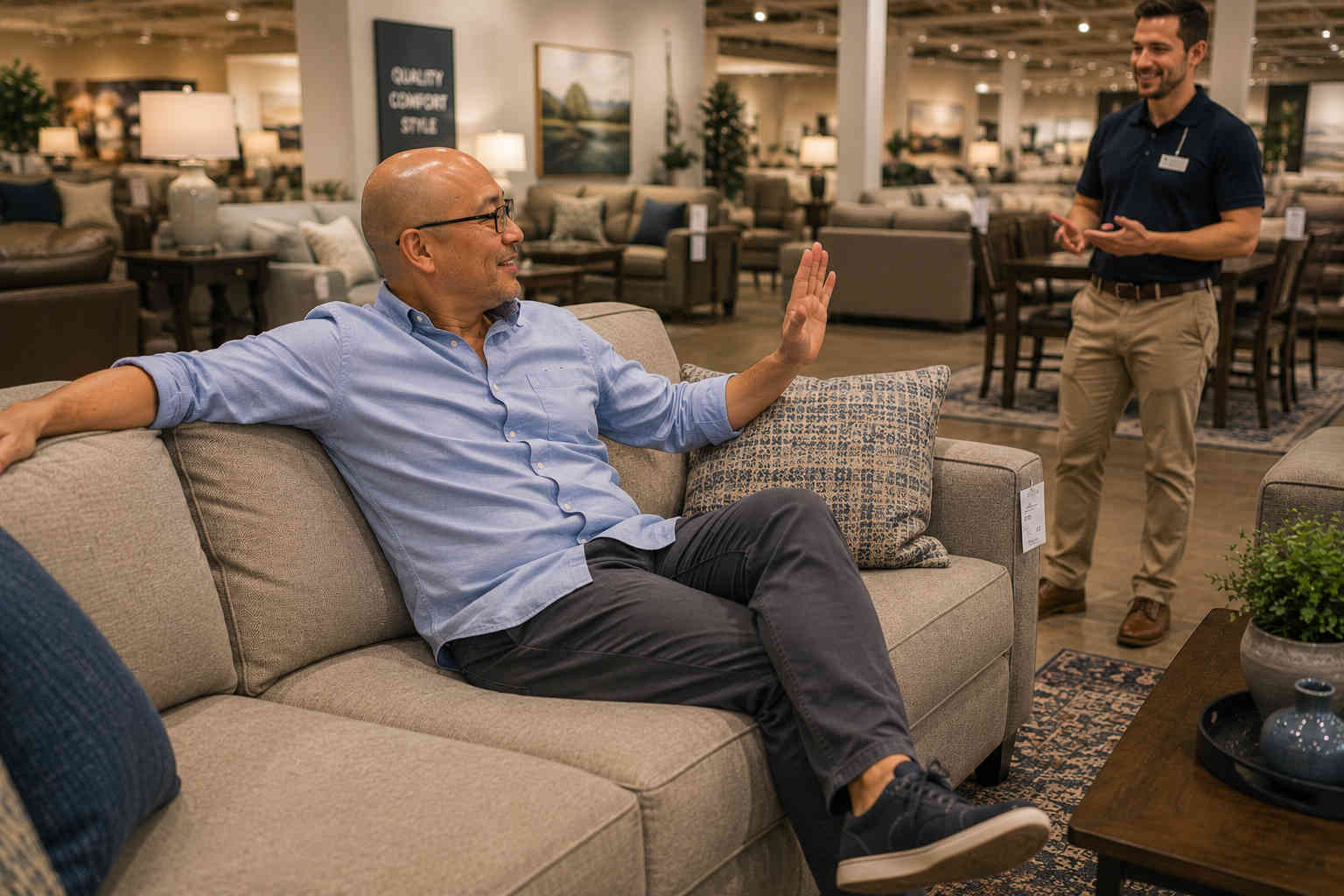 Bald Asian man with glasses testing a sofa in a furniture store while politely deciding not to buy it yet