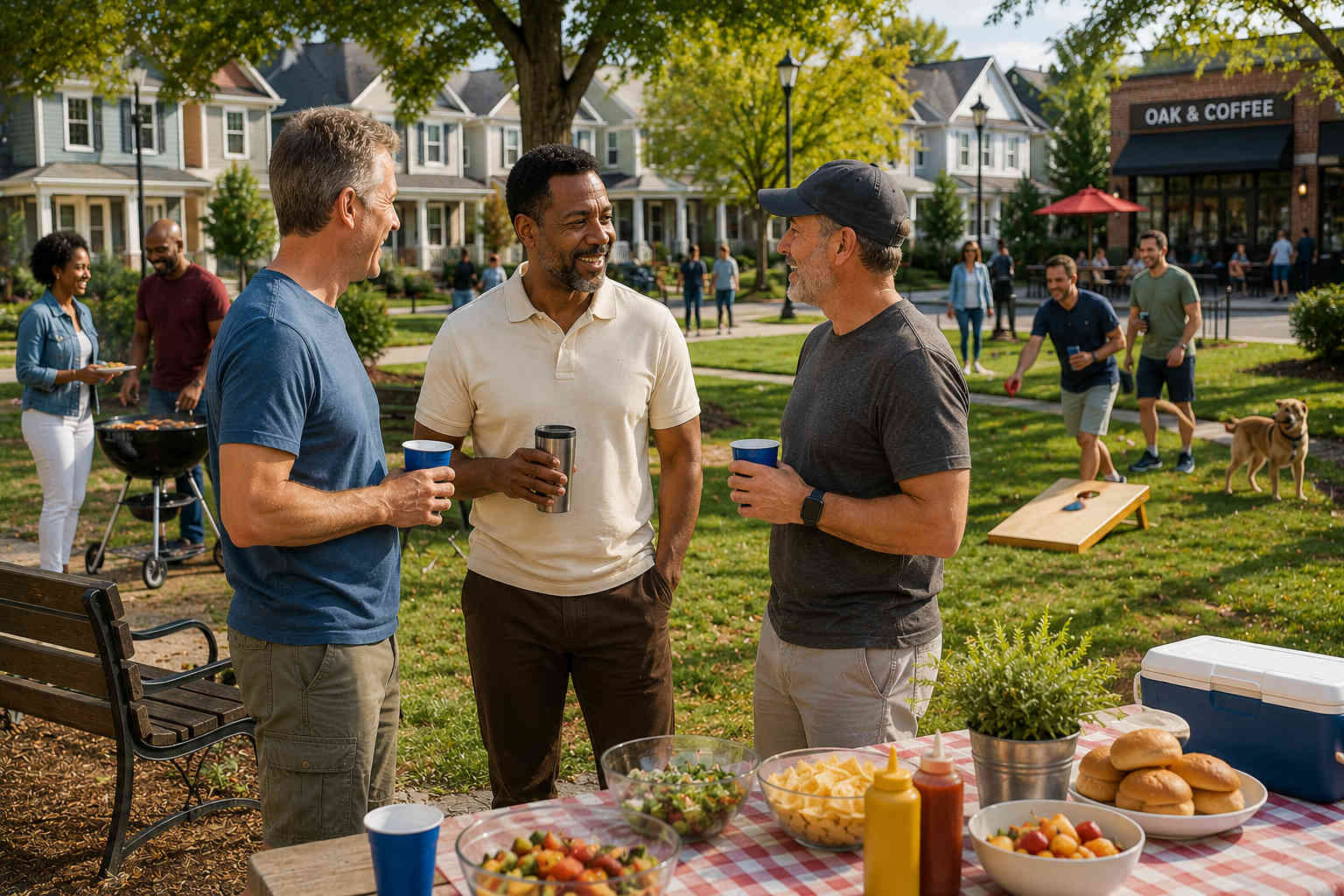Man laughing with neighbors at a casual community park gathering near homes and local businesses