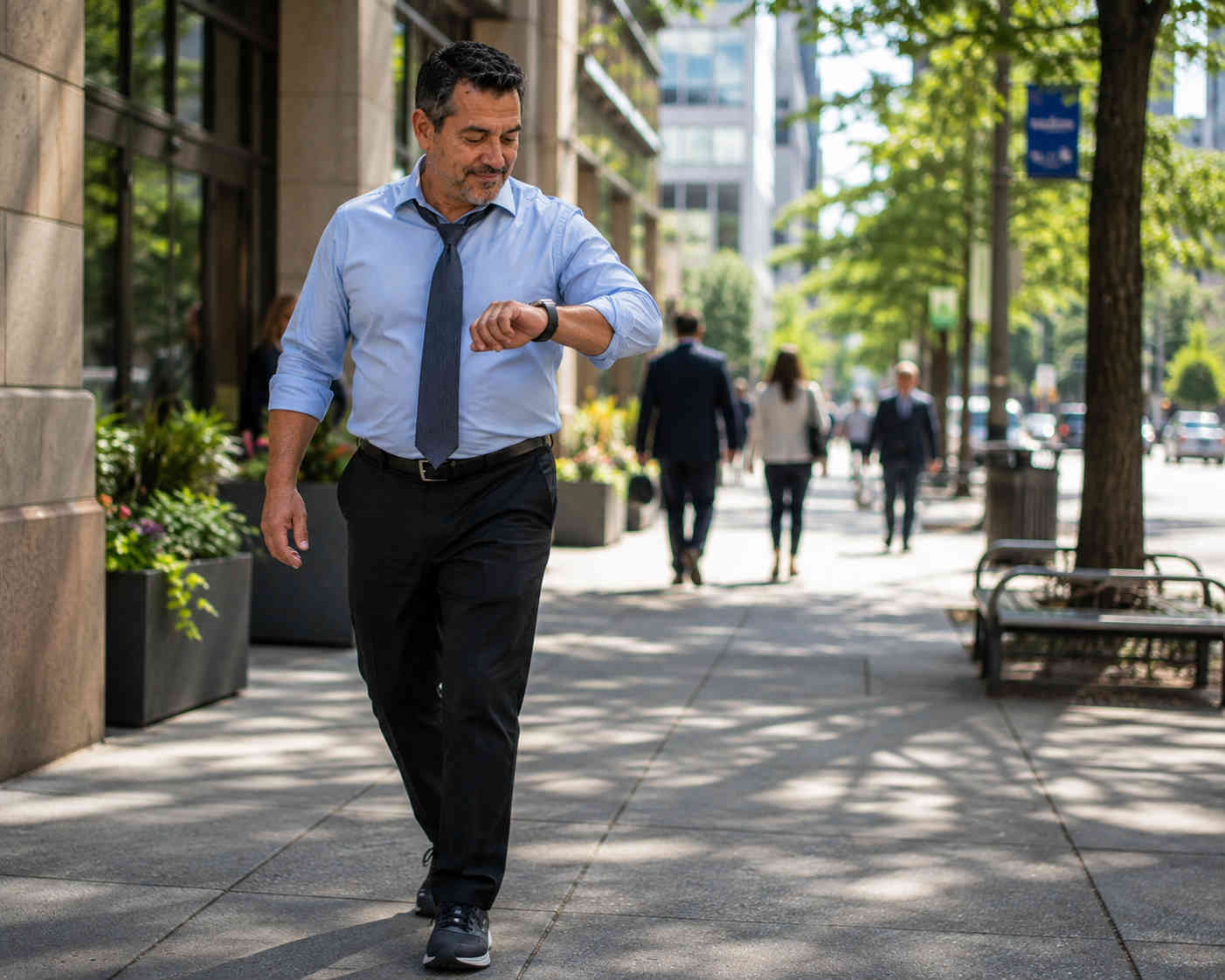 Middle-aged man taking a brisk lunch-break walk through a business district while checking his watch