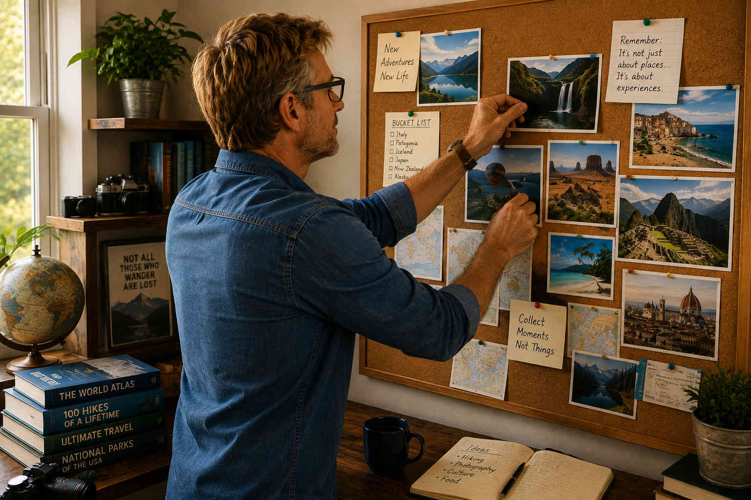 Man pinning destination photos, maps, and travel ideas onto a large corkboard in his home office