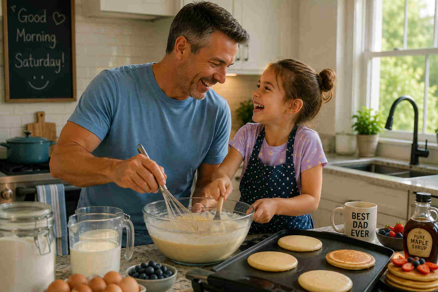 Father and daughter making pancakes together as a new family tradition after divorce