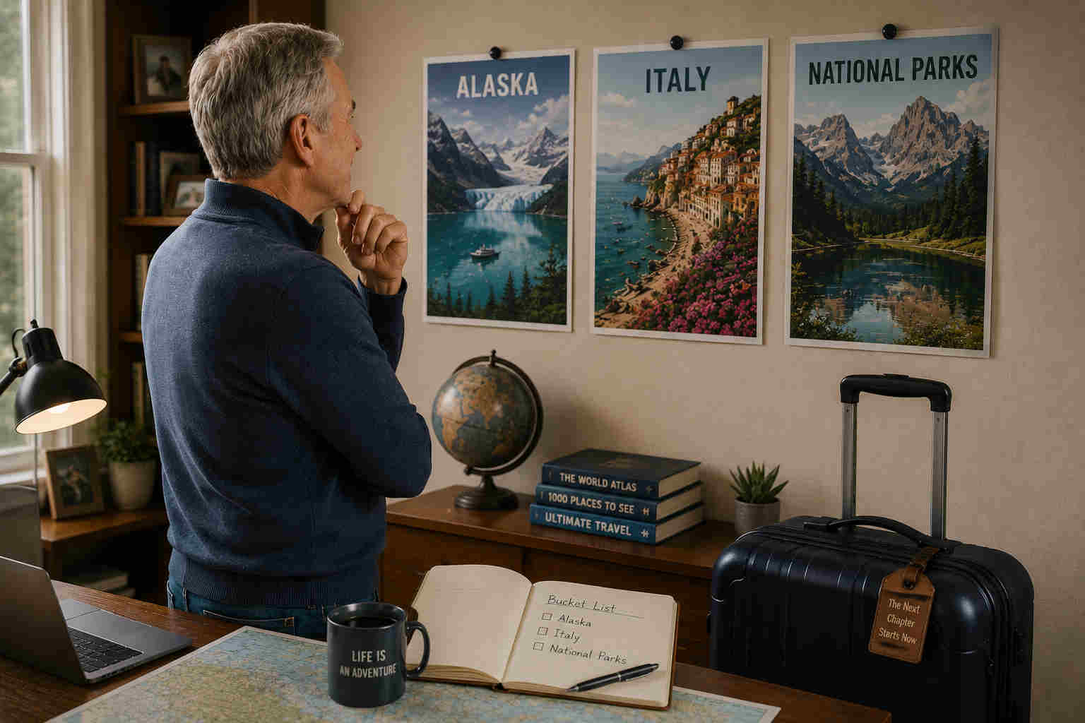 Older man planning new travel adventures after divorce at 60