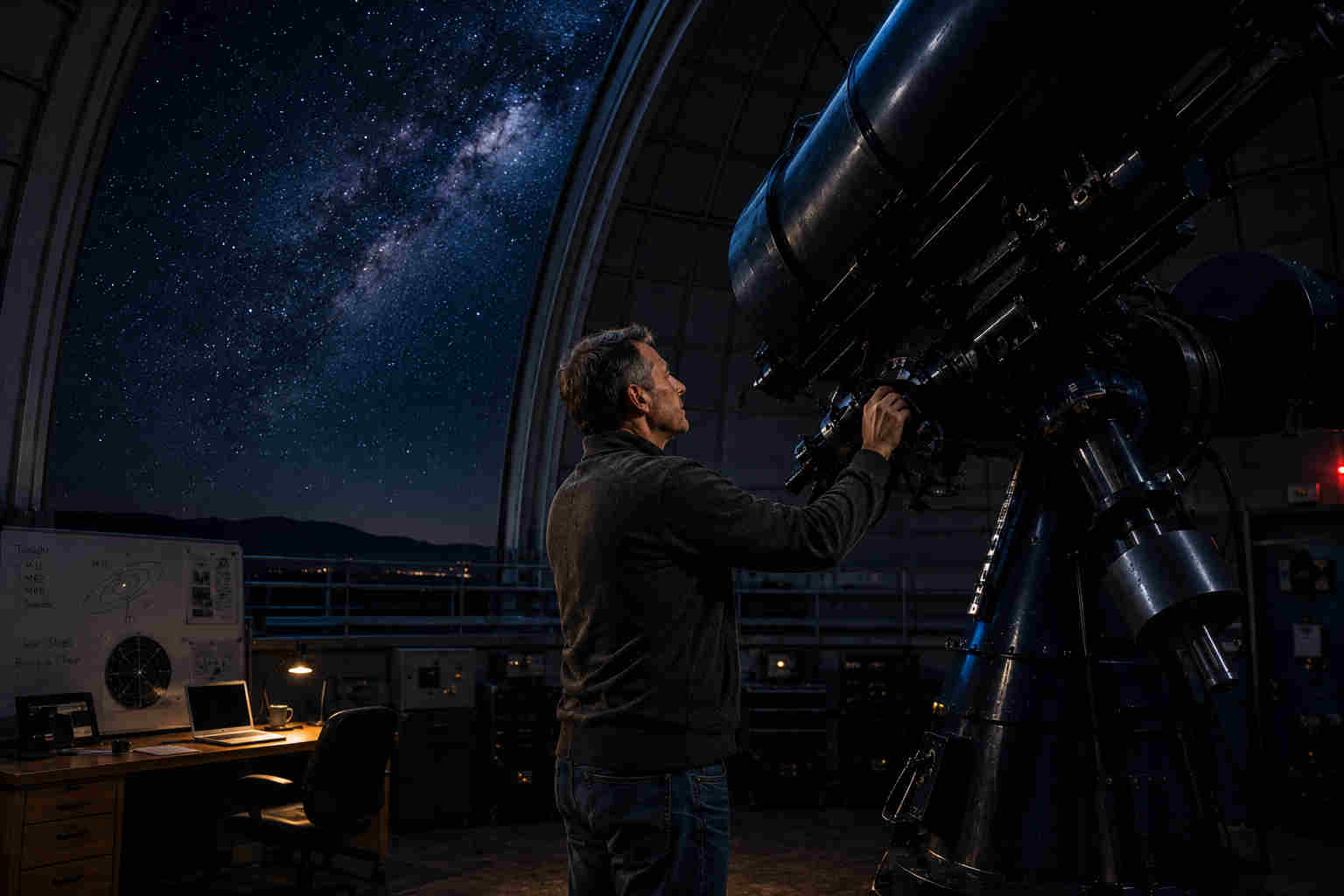A man adjusts a large telescope inside an observatory beneath the Milky Way, symbolizing a new direction and purpose after divorce