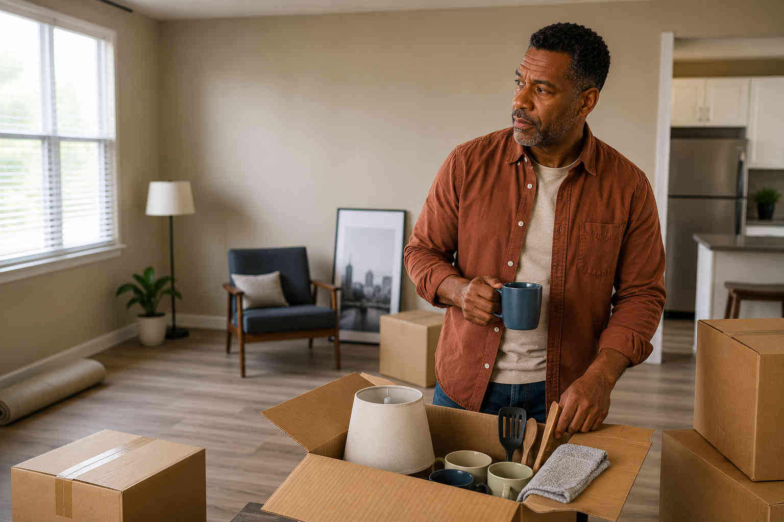 Man unpacking basic household items in a partially furnished new home after divorce