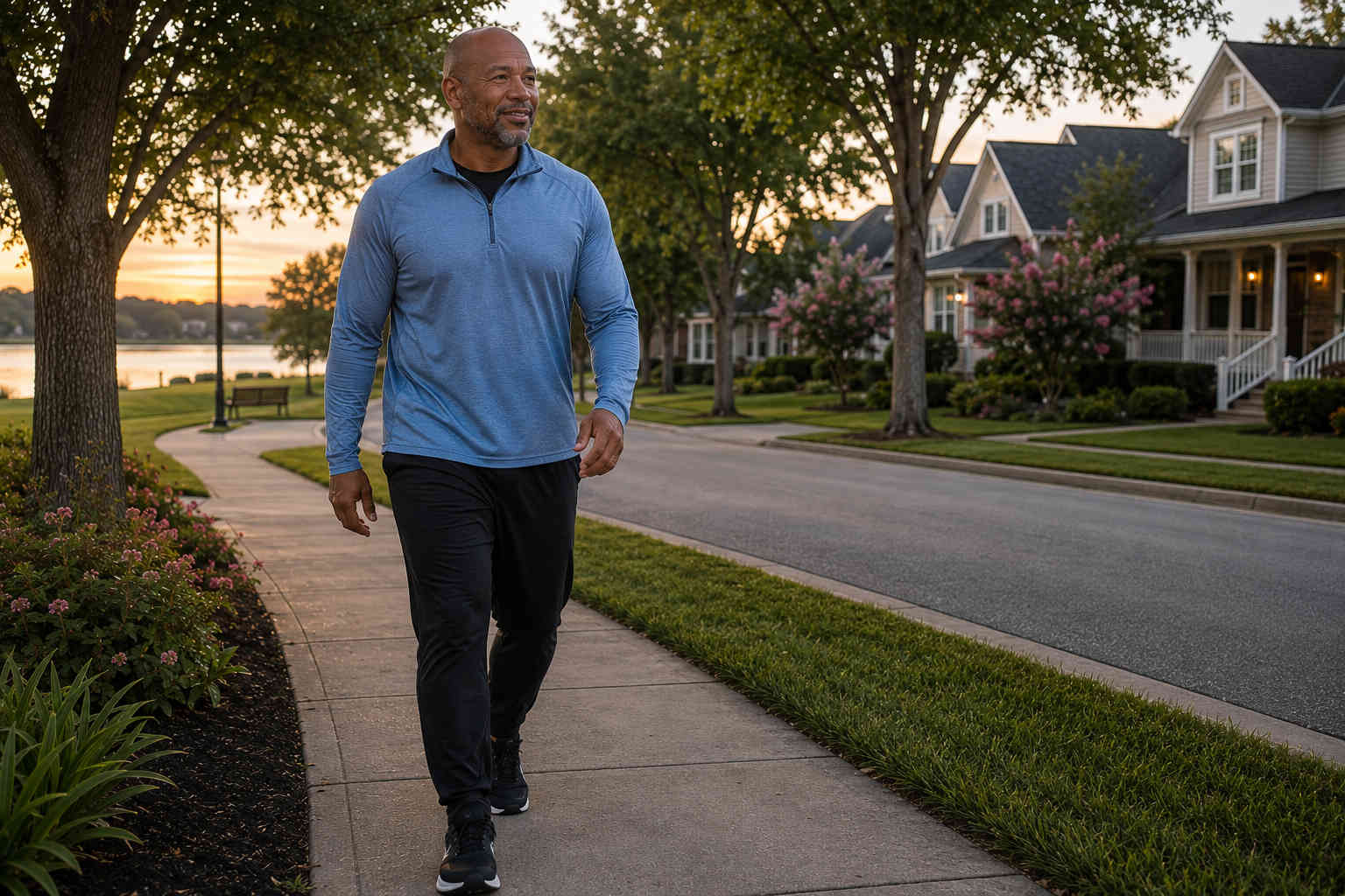 Man taking a relaxed evening walk through a quiet neighborhood after dinner
