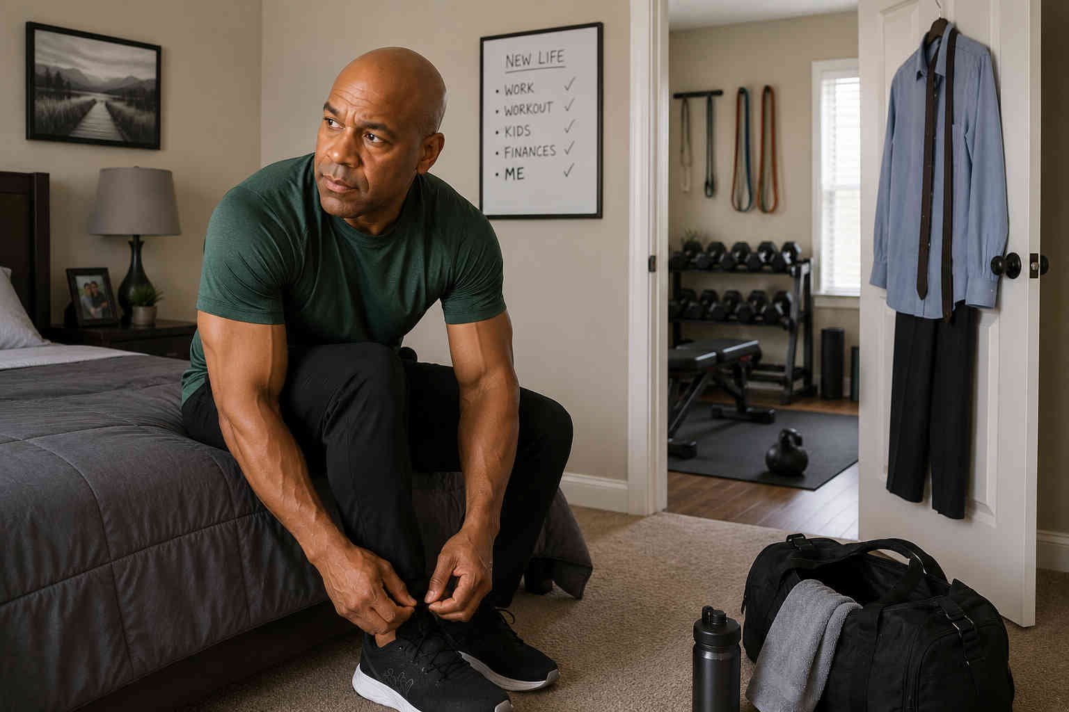 Man tying his workout shoes in his bedroom while preparing for a new post-divorce exercise routine