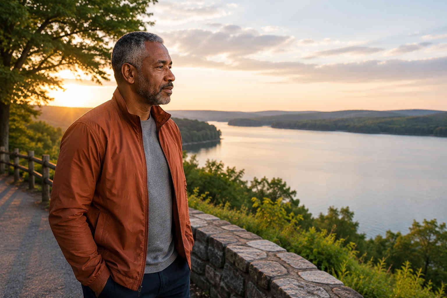 Older man overlooking a lake at sunset while thinking about a new retirement future after divorce