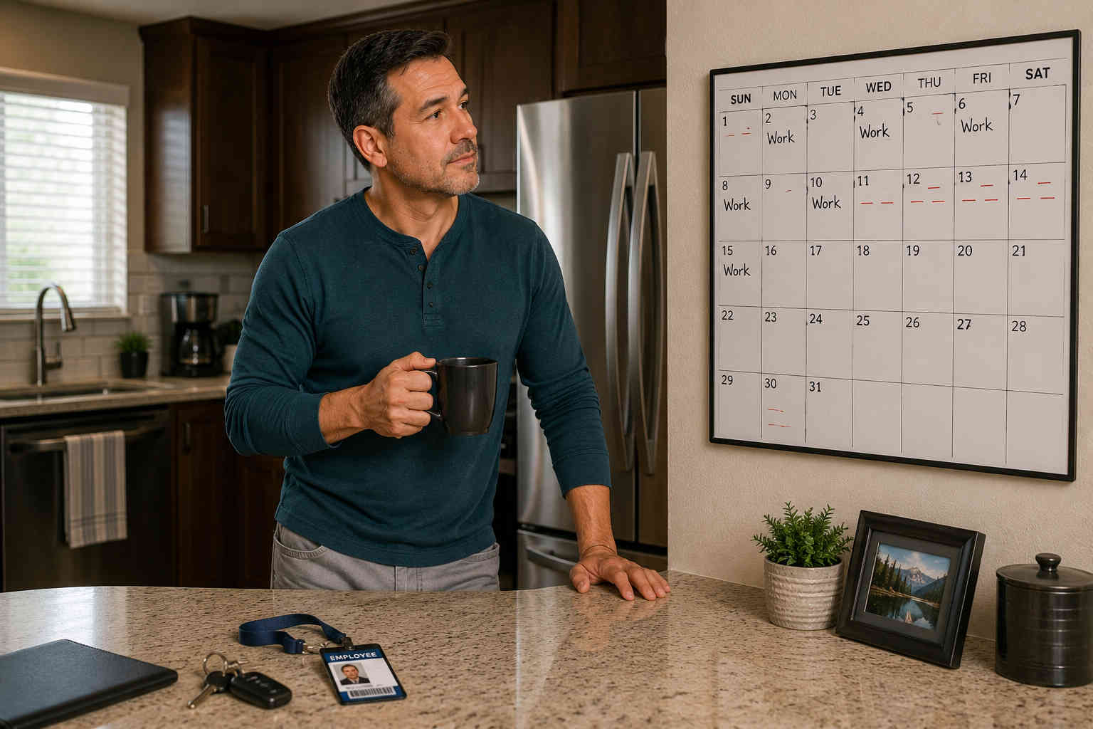 Man studying his work calendar at home while considering how long he could manage without a paycheck