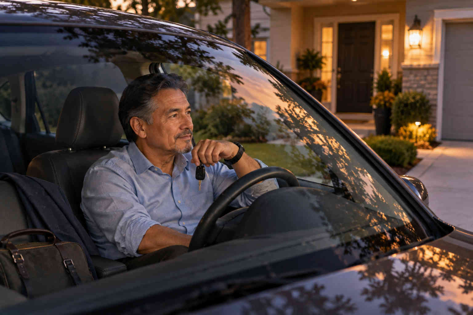 Divorced man sitting in his car outside his quiet home at dusk
