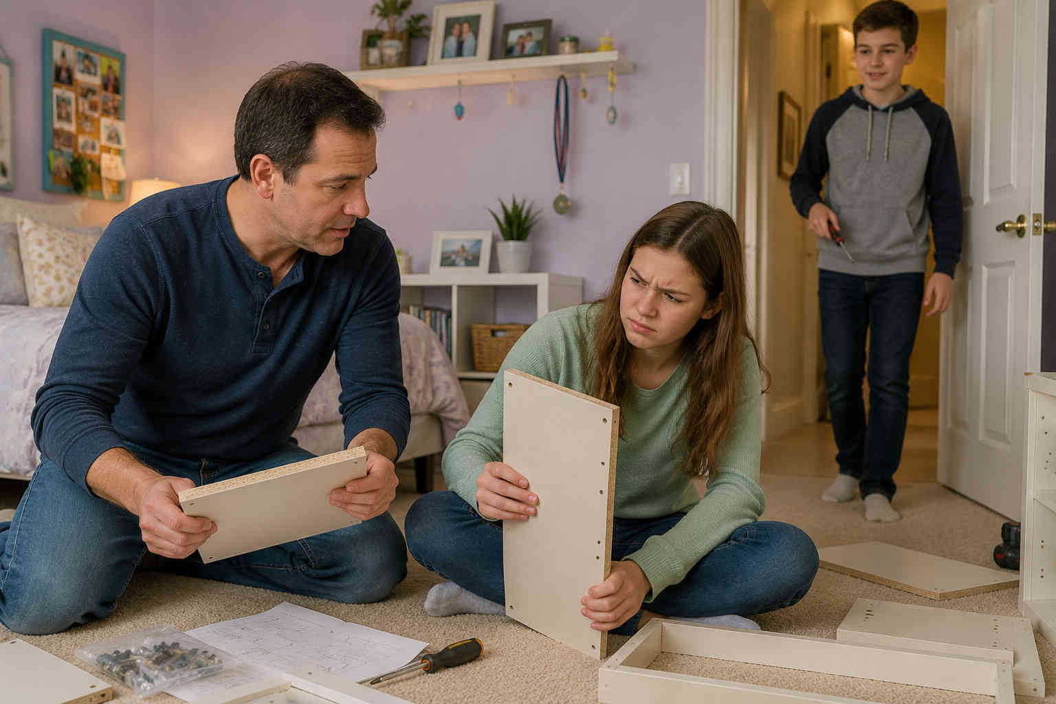 Father calmly helping his frustrated daughter assemble furniture while her brother brings a screwdriver