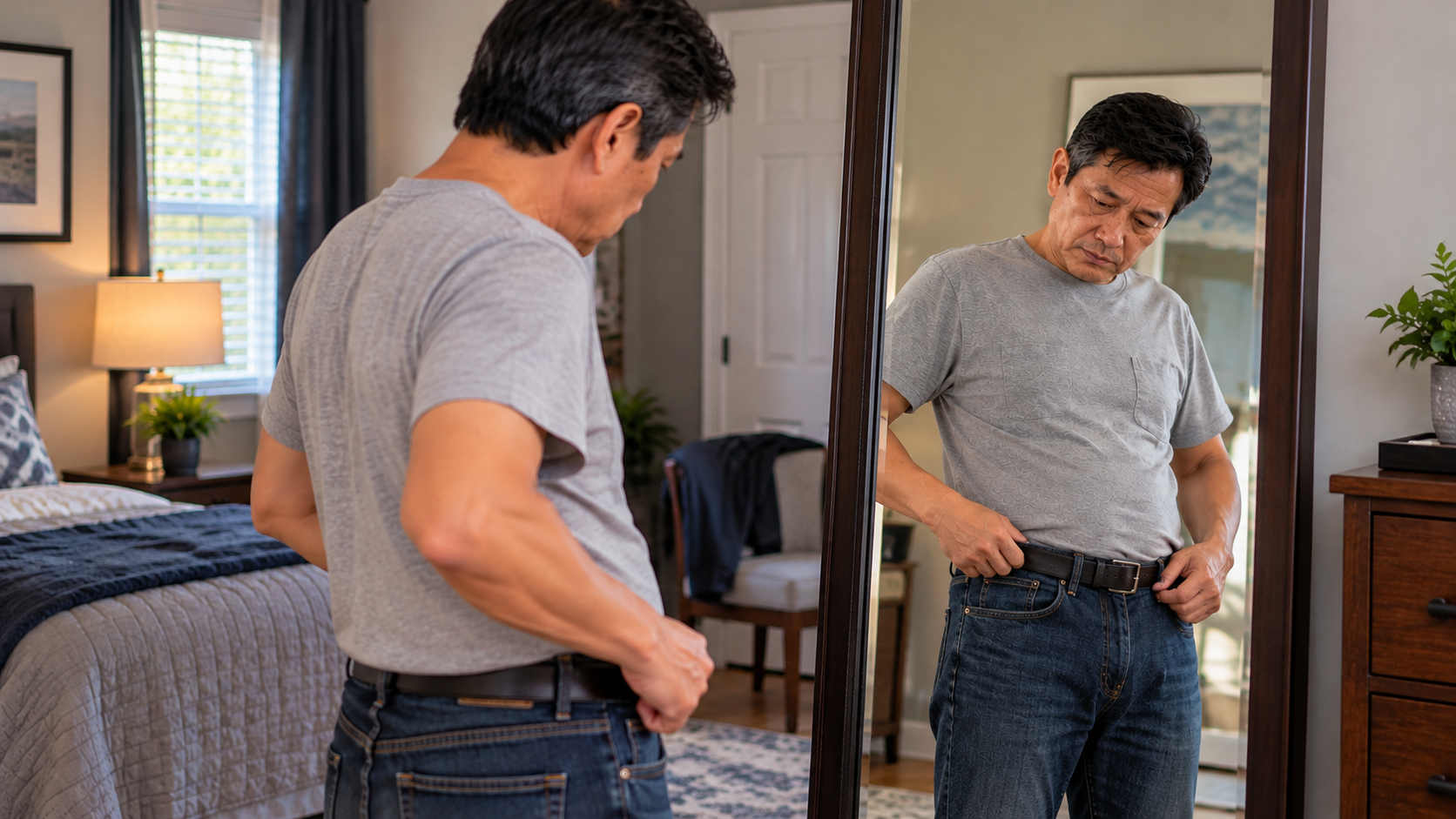 Man over 50 noticing changes in his waistline in a bedroom mirror