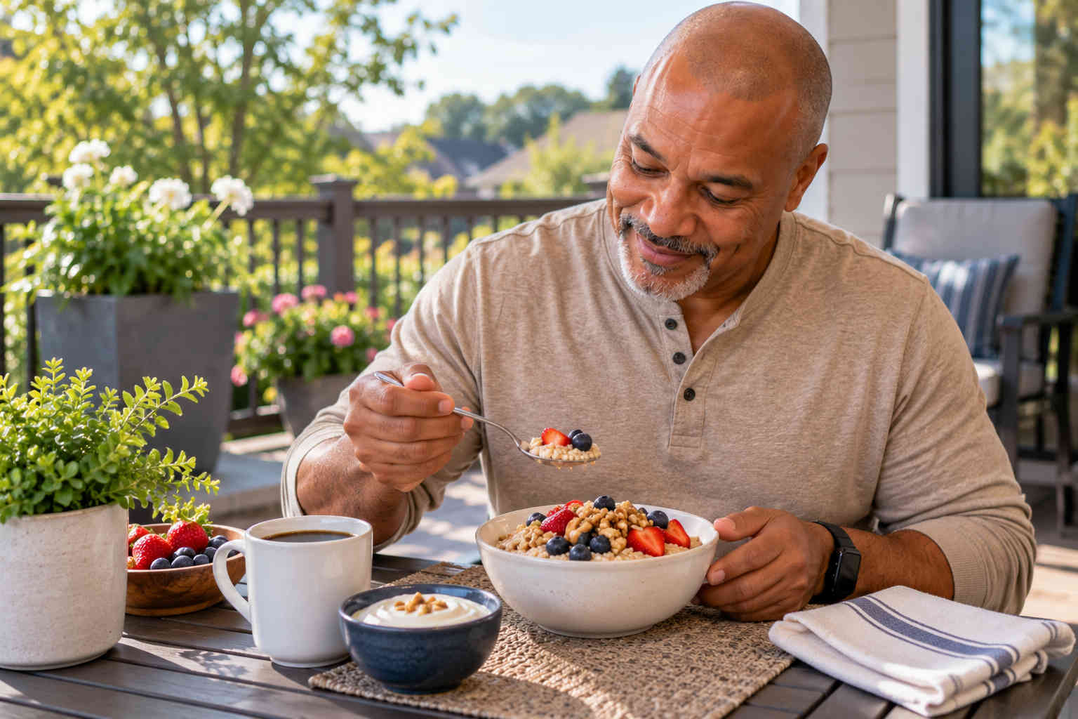Man eating oatmeal with berries and walnuts on a sunny patio with yogurt and coffee nearby