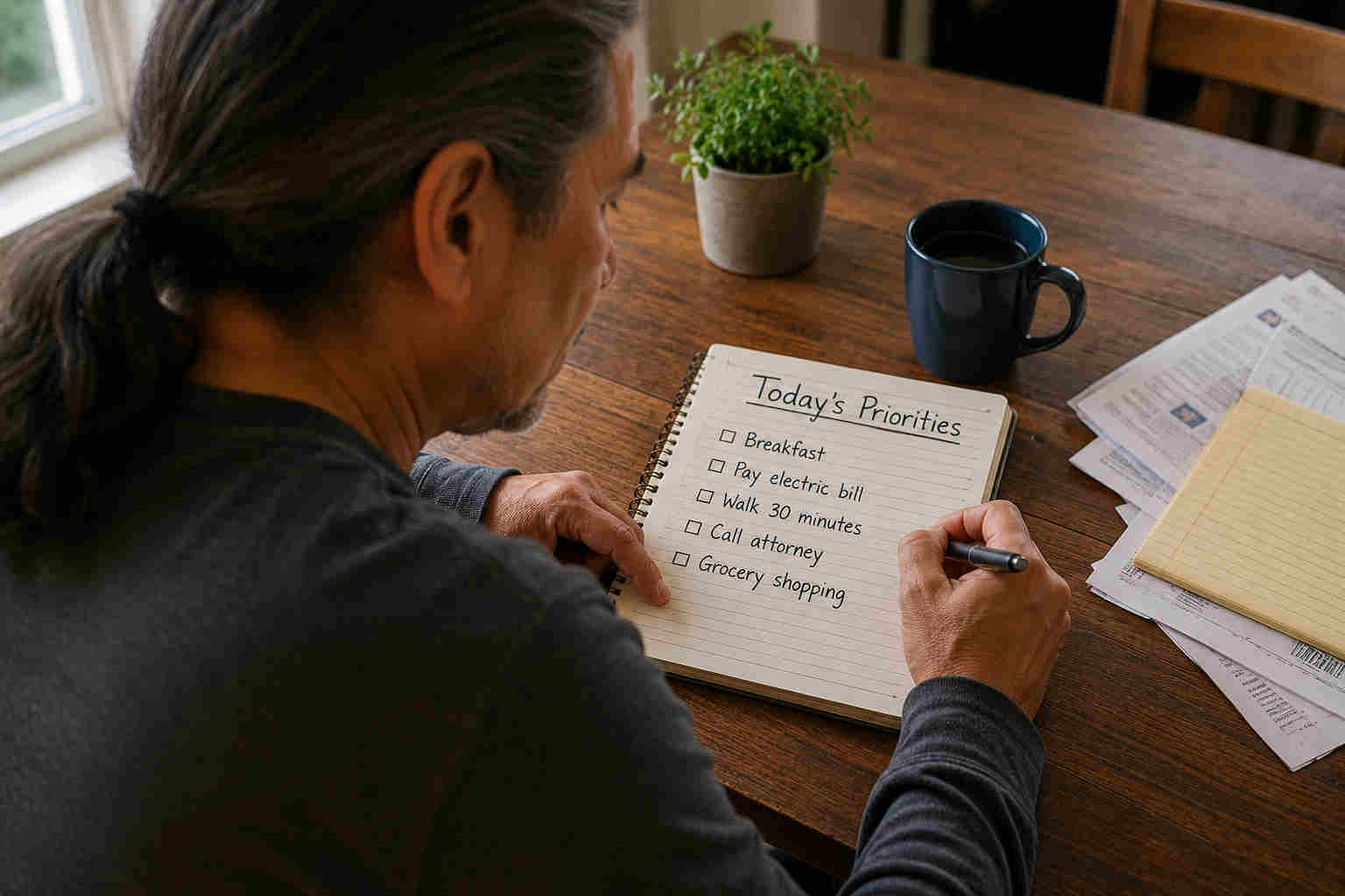 Over-the-shoulder view of a divorced man writing today's priorities in a notebook