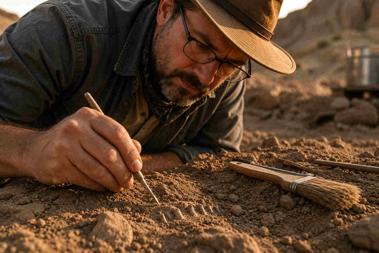 Close-up of a paleontologist carefully uncovering small fossil fragments one layer at a time