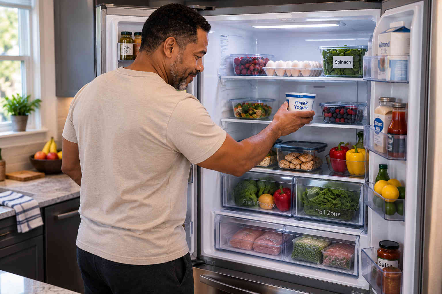 Man putting away Greek yogurt in a refrigerator stocked with practical healthy foods for one person